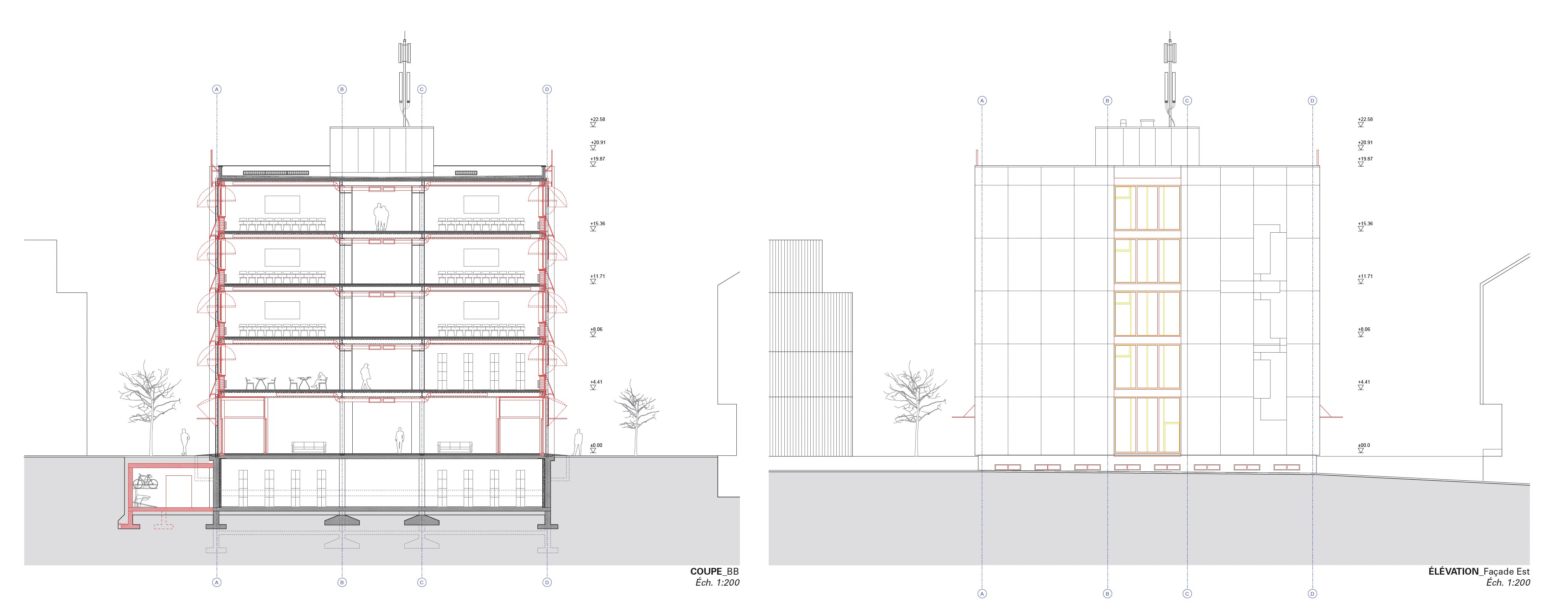 À gauche : Coupe BB / À droite : Élévation de la façade Est
