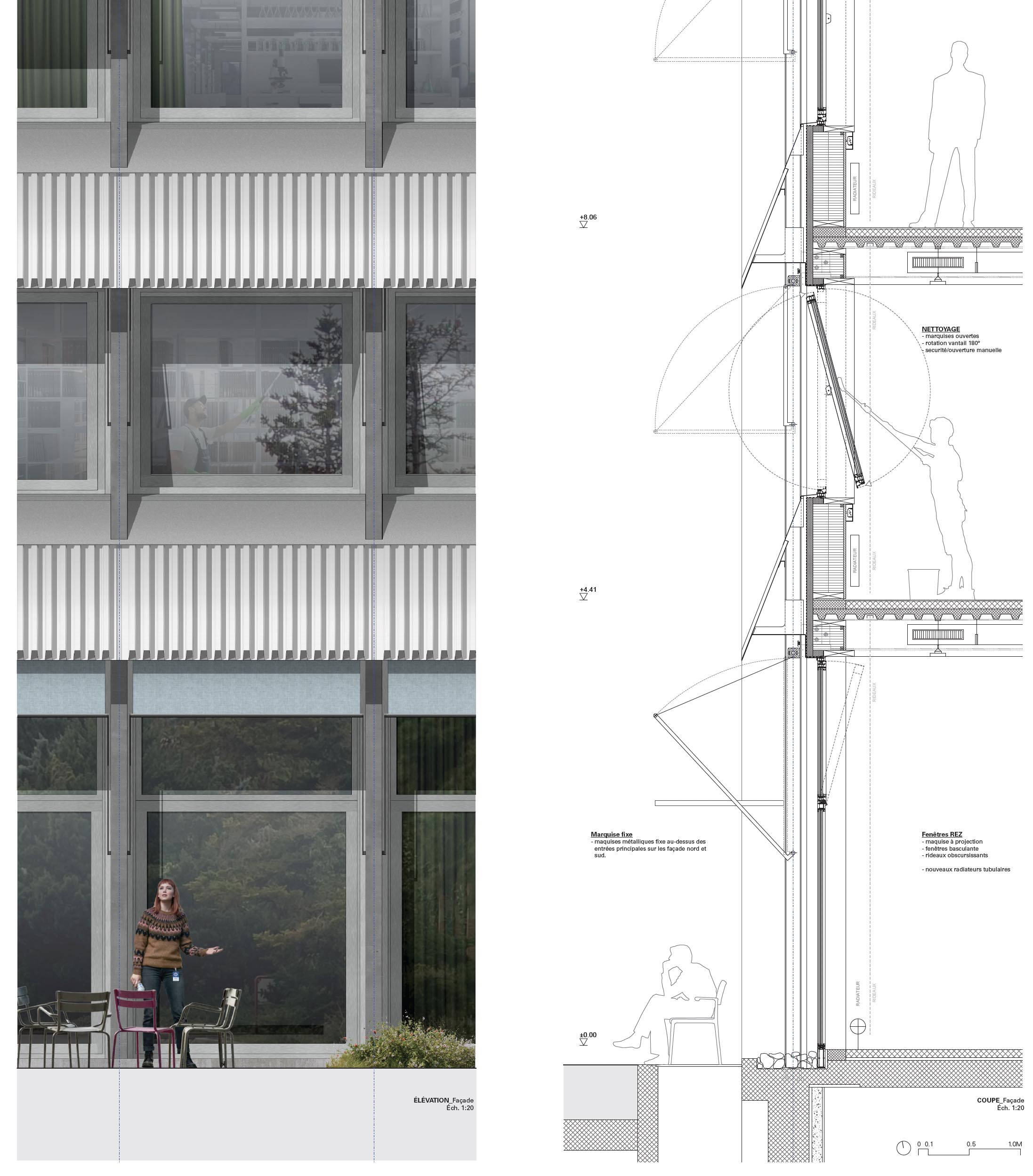 Coupe et élévation constructive de la façade principale à l’échelle 1:20 (document original)