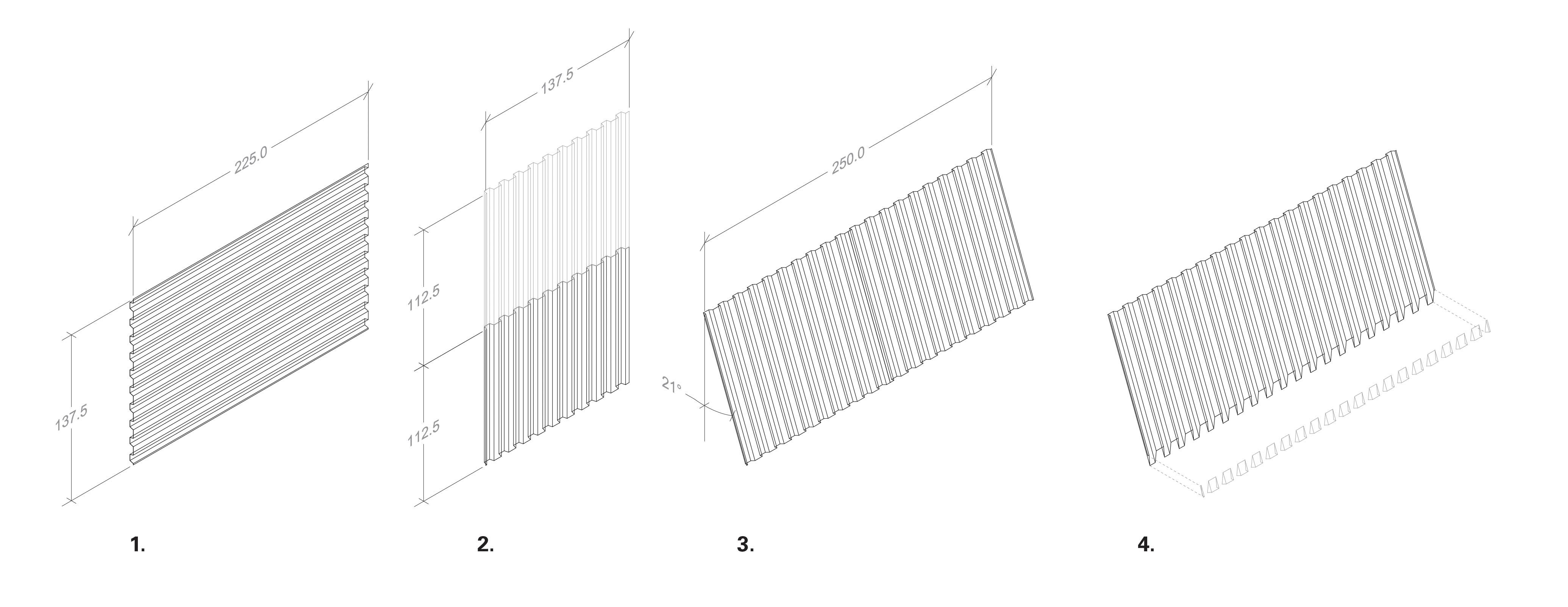 SCHEMA de réemploi des tôles d’habillage. 1. Tôle profilée d’origine, 1997 (Surface totale éléments existants = ±950m) 2. Division 3. Inclinaison (angle 21°) 4. Découpe de la frise (Surface totale réemployée = 820m2)