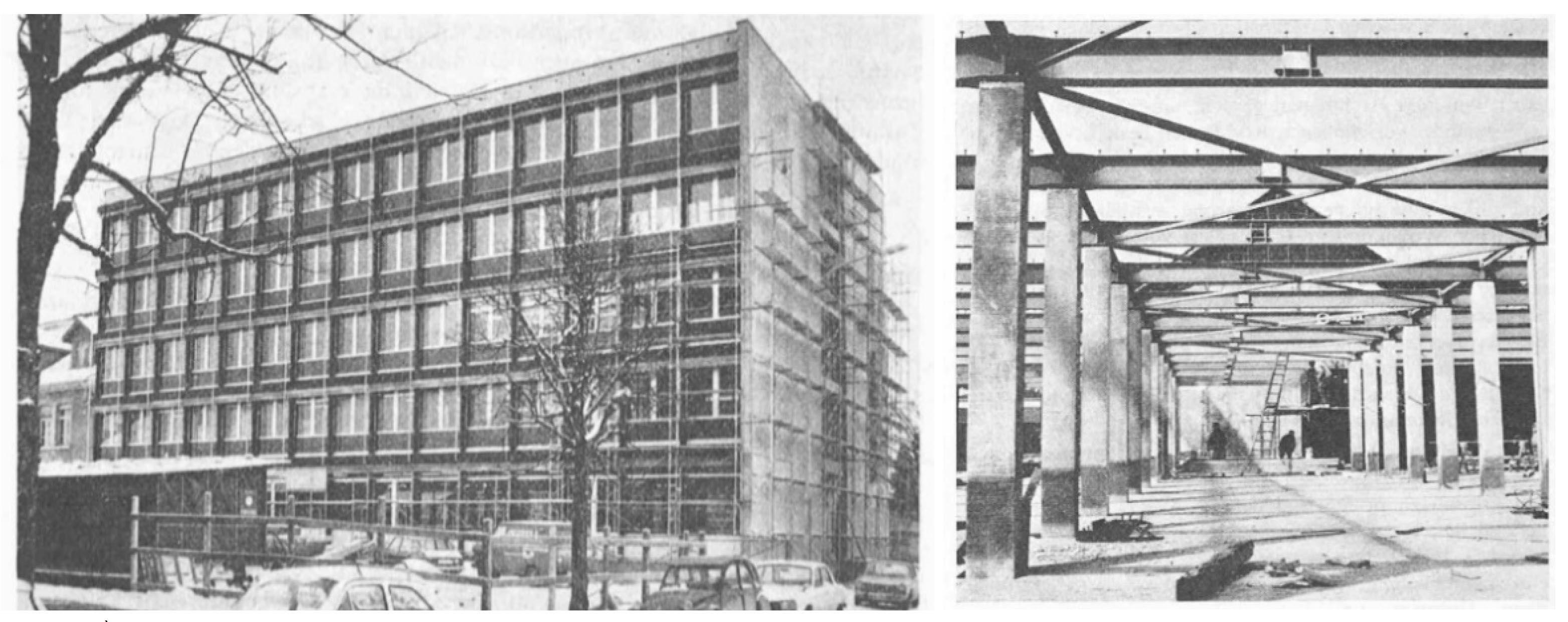 SBZ, 90 - n°44 À gauche : Vue de la première étape de construction du bâtiment. © DR À droite : structure métallique horizontale et piliers en béton préfabriqué au centre du bâtiment