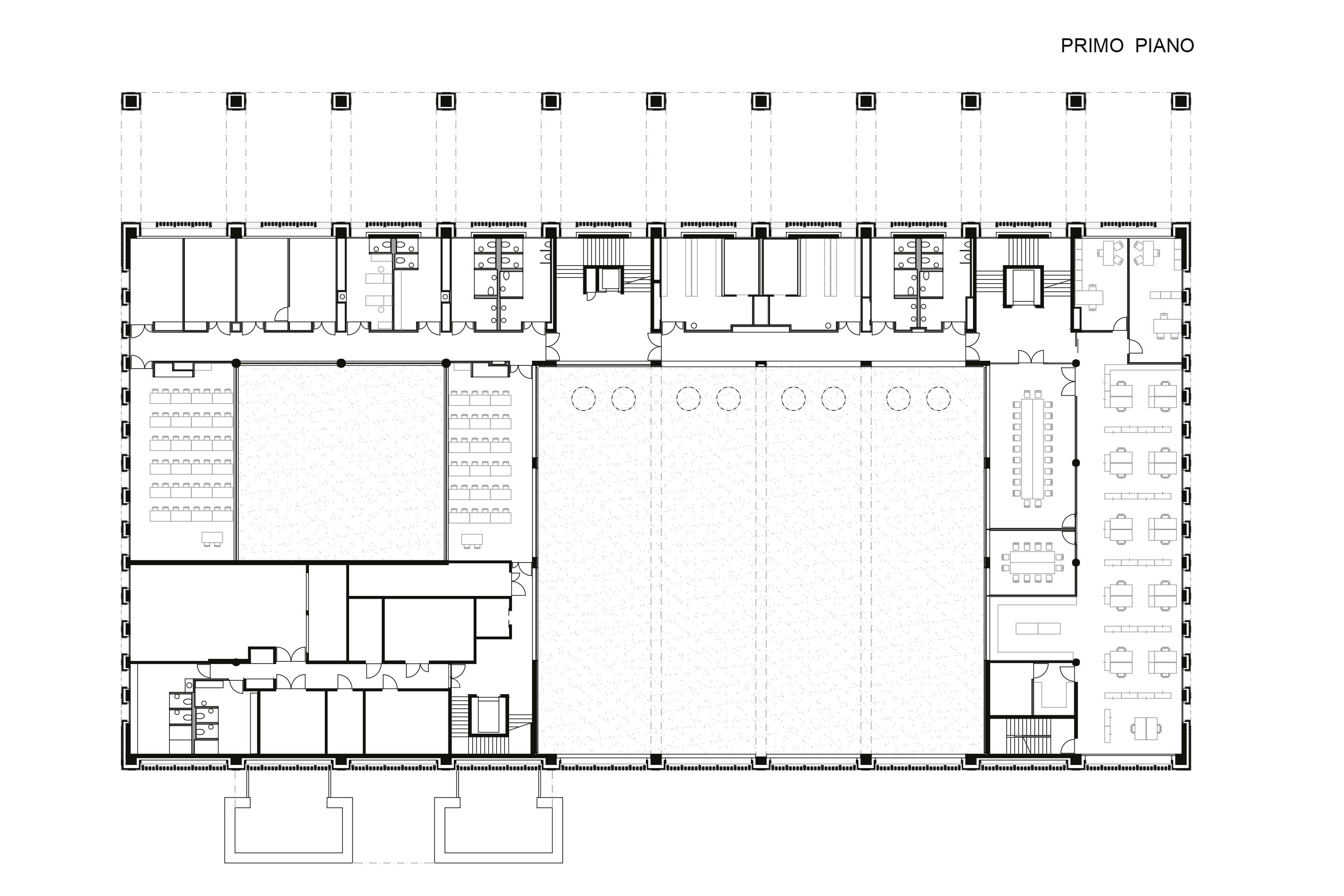 Edifico Brere, piante piani superiori. Primo piano, in alto uffici e sale riunioni; al centro servizi igienici e spogliatoi; in basso aule.