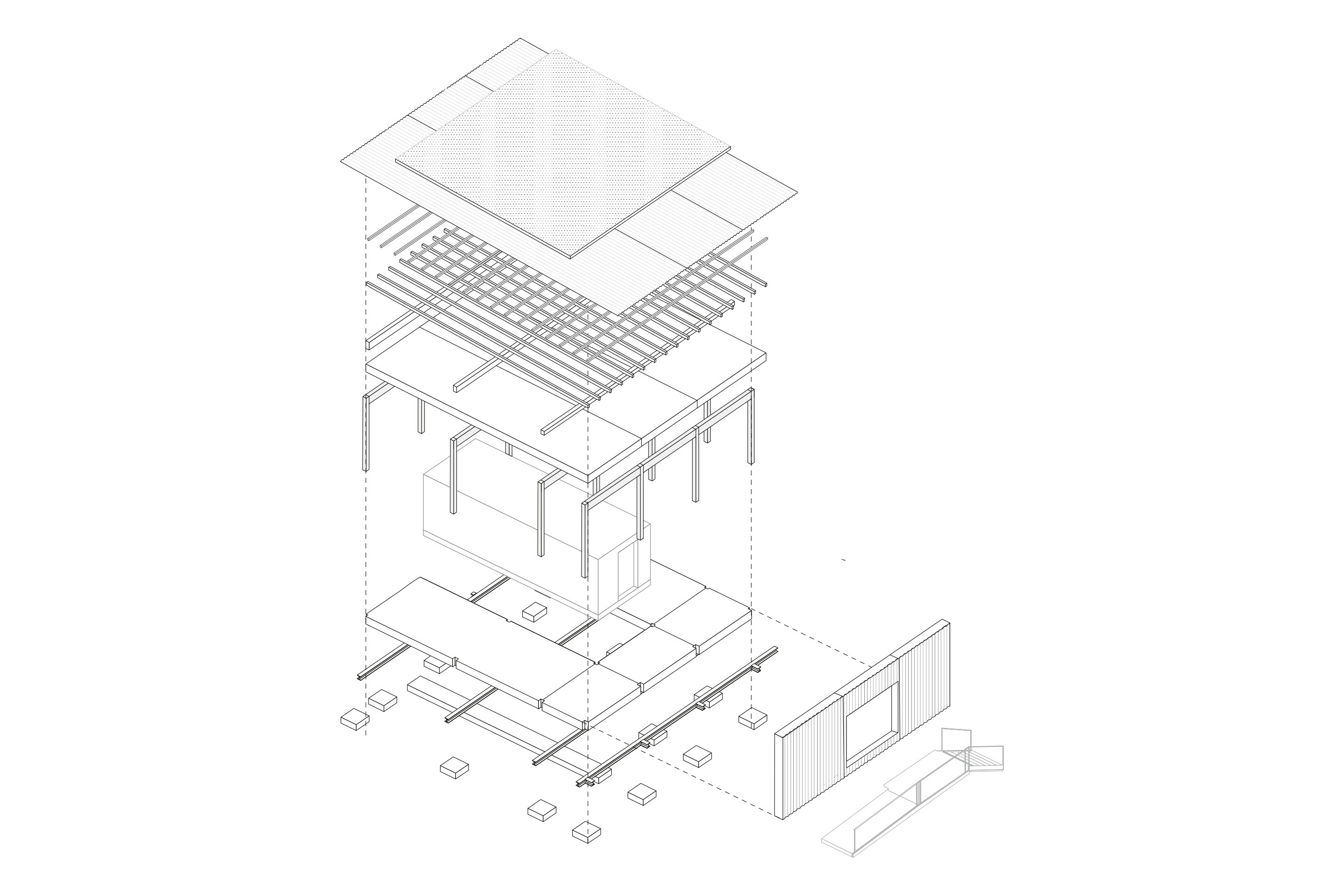 Esplosi assonometrici che illustrano il sistema costruttivo della palestra e degli spogliatoi.