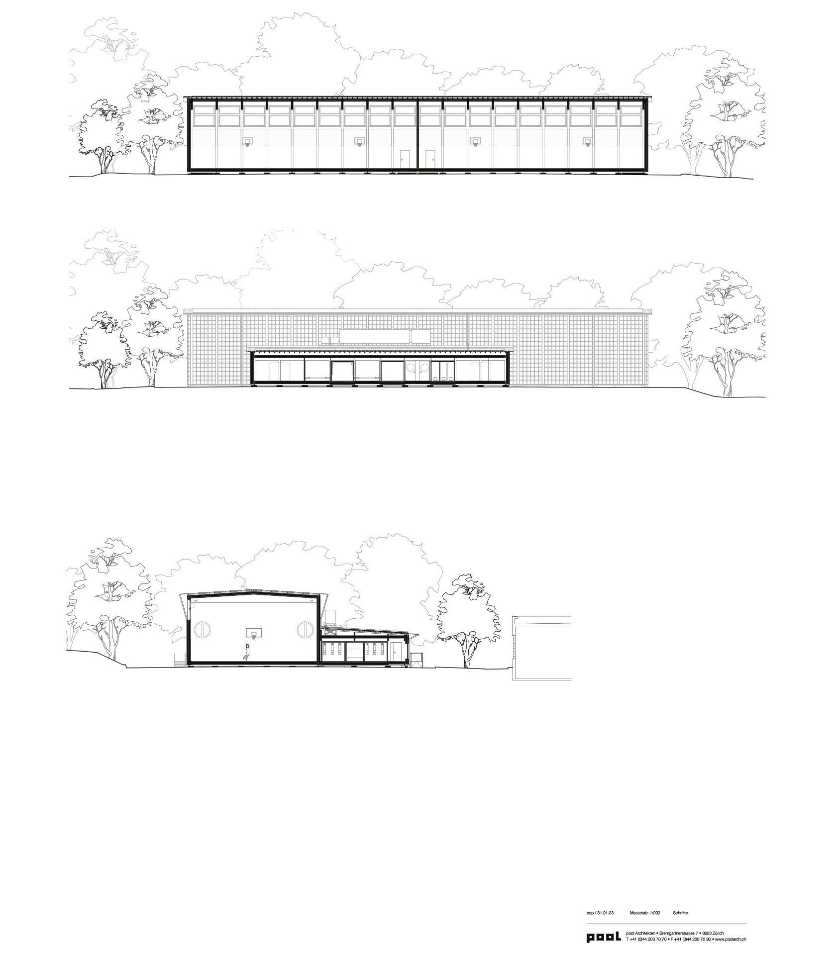 Sezione longitudinale sulle palestre, sezione longitudinale sugli spogliatoi, sezione trasversale.