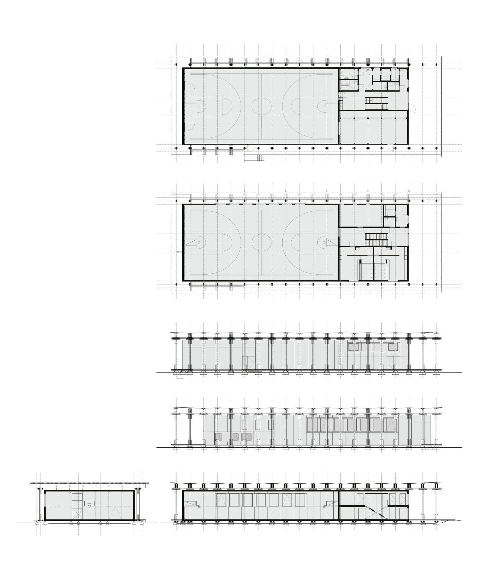 Pianta piano terra, pianta mezzanino, prospetti laterali, sezione trasversale, sezione longitudinale.