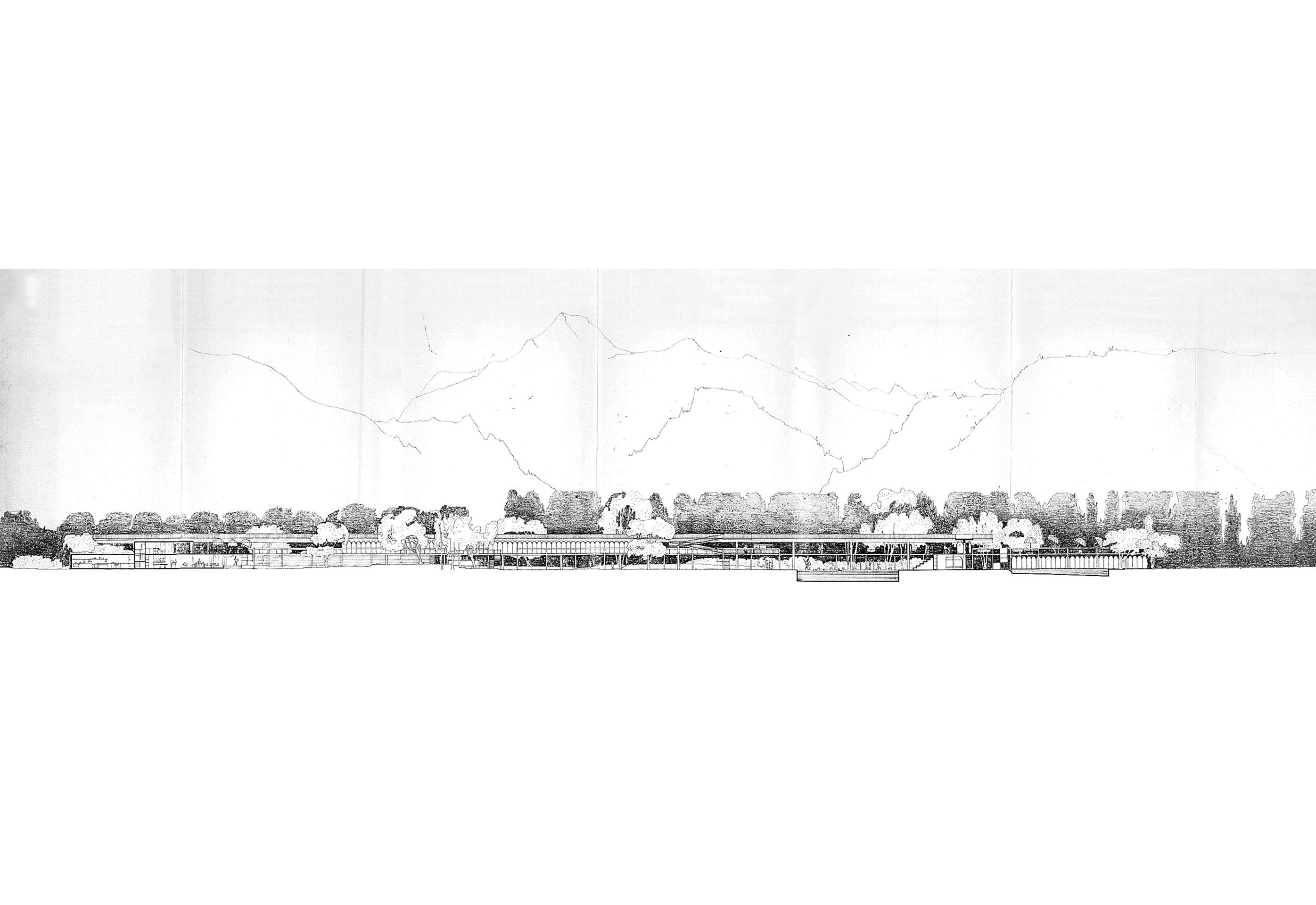 A. Galfetti, F. Ruchat-Roncati, I. Trümpy, Bagno comunale, fronte sud dai disegni di concorso, Bellinzona, 1967.