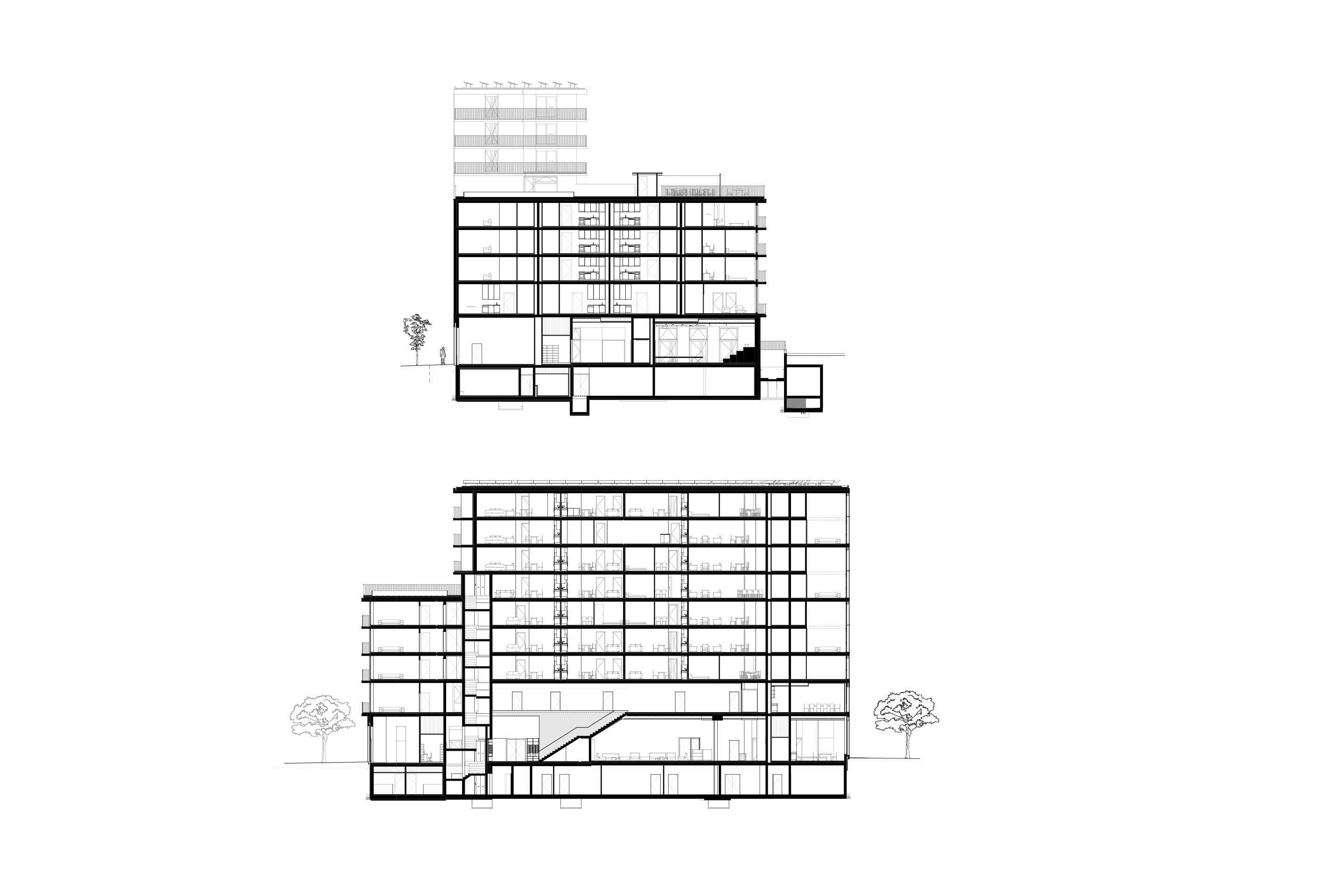 Coupe dans l’aile orientée sur l’avenue des Plaines-du-loup (OE): depuis le hall d’entrée, un grand escalier mène au couloir supérieur, qui dessert les parties communes.