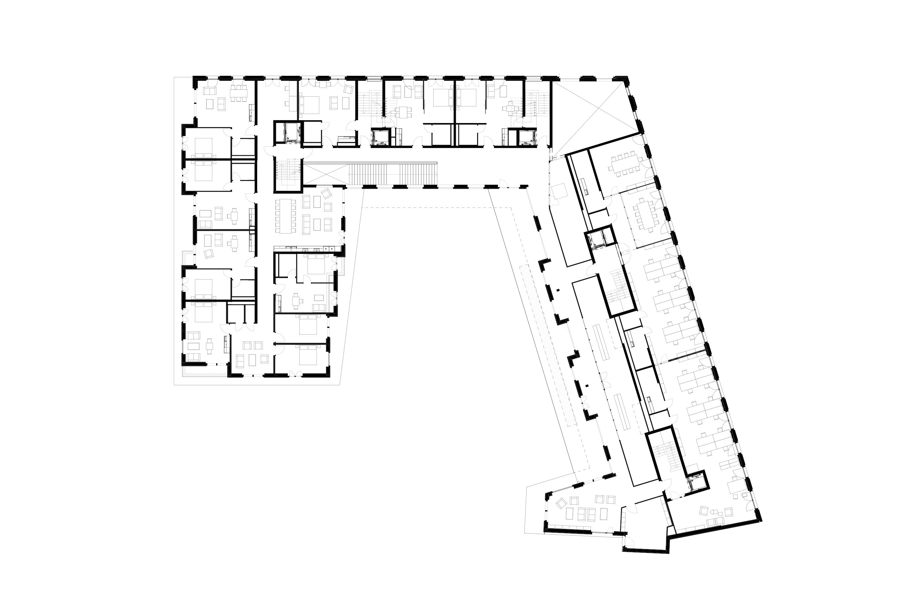 Niveau 1: couloir supérieur distribuant un logement en cluster, le Bled BnB, les buanderies, des cabinets et un salon commun.