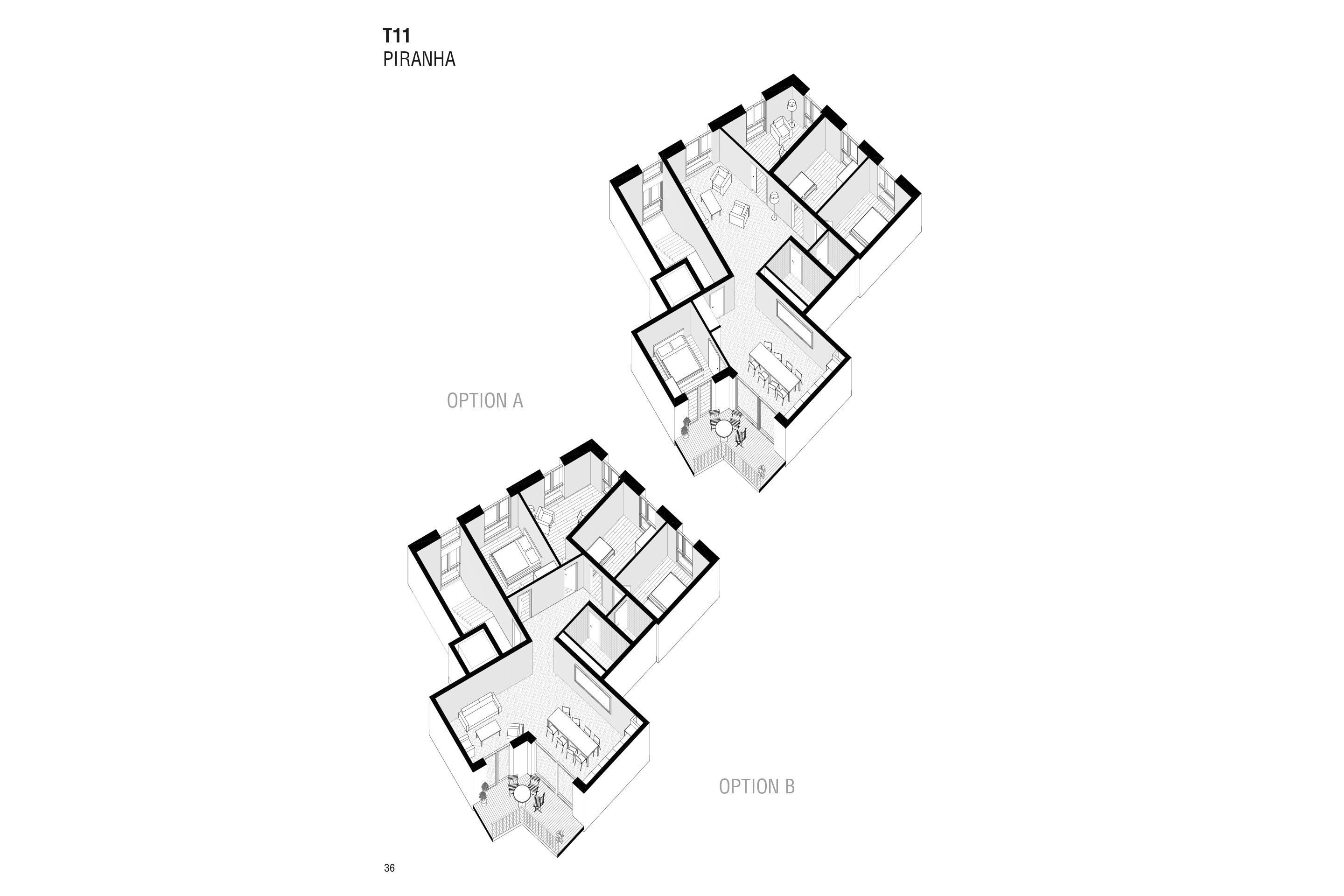 À la suite des ateliers menés avec les habitant·es, deux variantes d’appartement ont été développées: séjour et salle à manger en baïonnette ou jour / nuit.