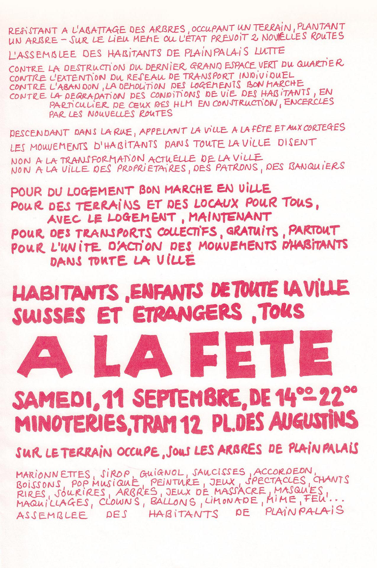 Tract de l’assemblée des habitants de Plainpalais, sans date, env. septembre 1971.