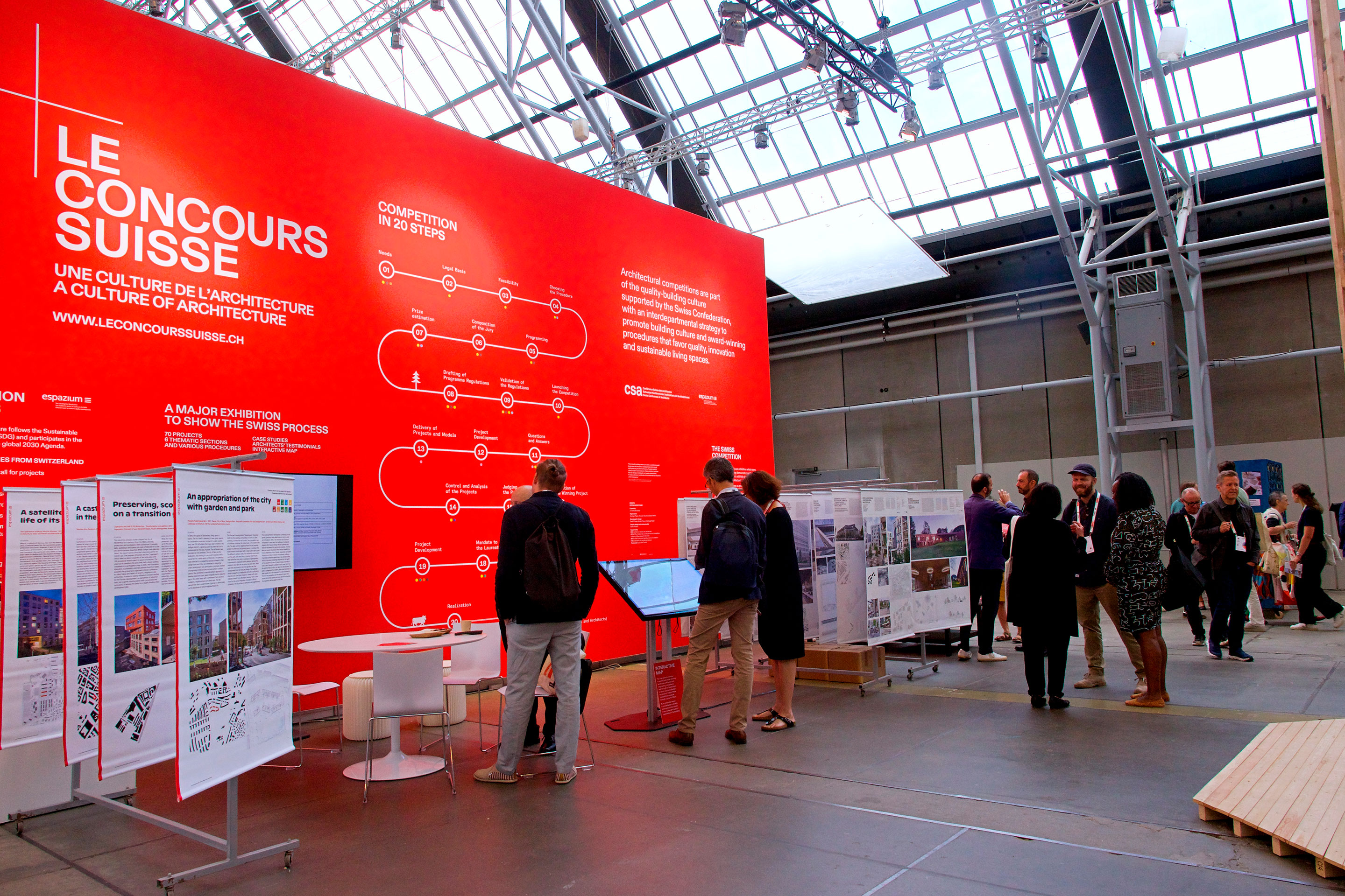 Die Schweiz stellte sich dem Kongresspublikum in Kopenhagen mit einem Pavillon vor, in dem das Schweizer Wettbewerbsverfahren erklärt und diskutiert wurde.