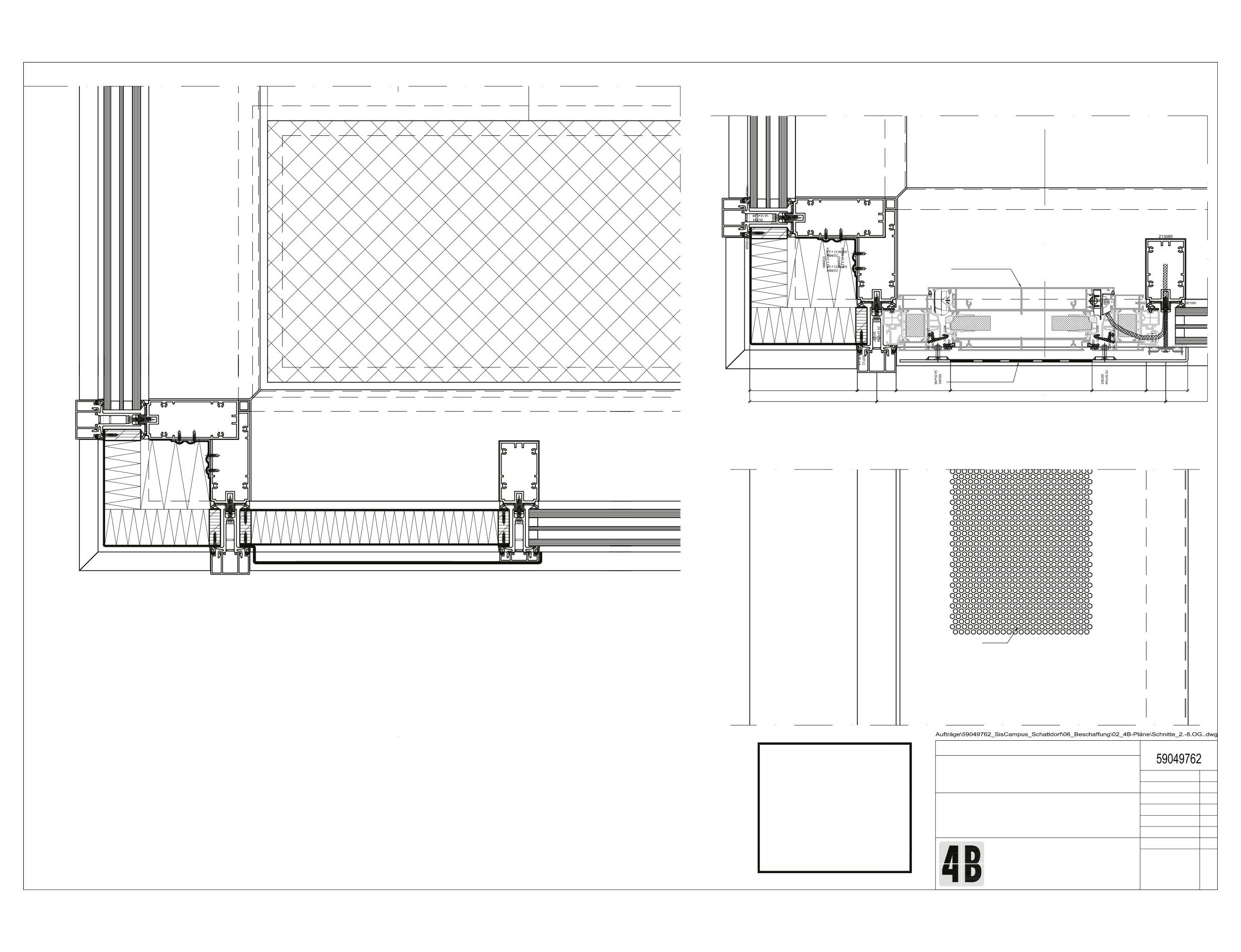 Coupe horizontale de l’angle de la façade au niveau du parapet.