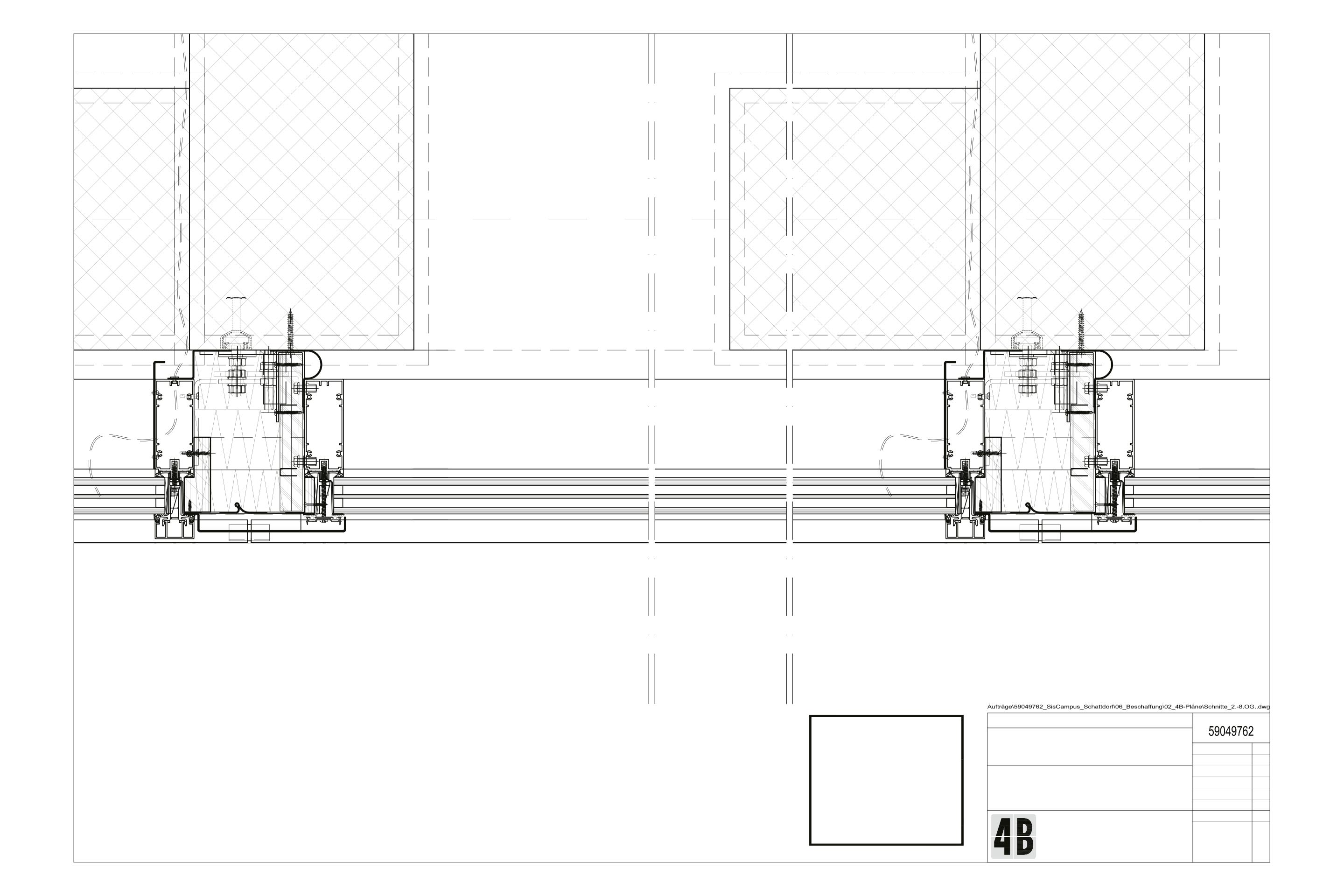 Section standard verticale, 3e-7e étage: Poteaux entiers – Poteaux d’angle – Coque de recouvrement – Tôle en aluminium – Panneau sandwich – Isolation – Triple vitrage isolant électrochrome – Câblage – Traverses – Protection de plinthe – Fixation à la structure en béton – Panneau coupe-feu.