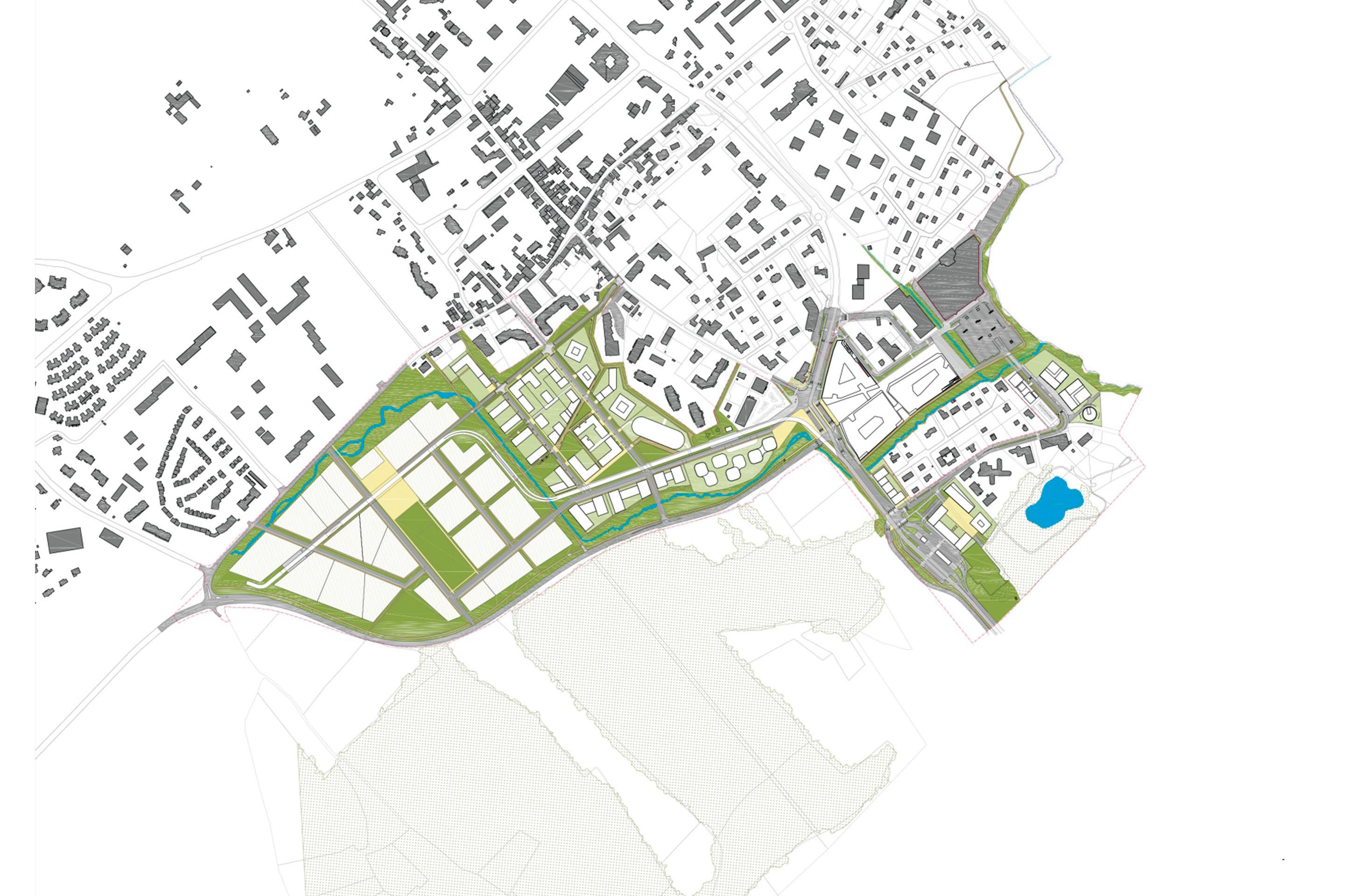 Plan de la ZAC Ferney-Genève Innovation: en entrée de ville de Ferney-Voltaire en venant de l’aéroport, la ZAC se déploie à l’ouest sur des terres agricoles (logements et Cité internationale des savoirs) et à l’est sur la zone artisanale de la Poterie (centre commercial).