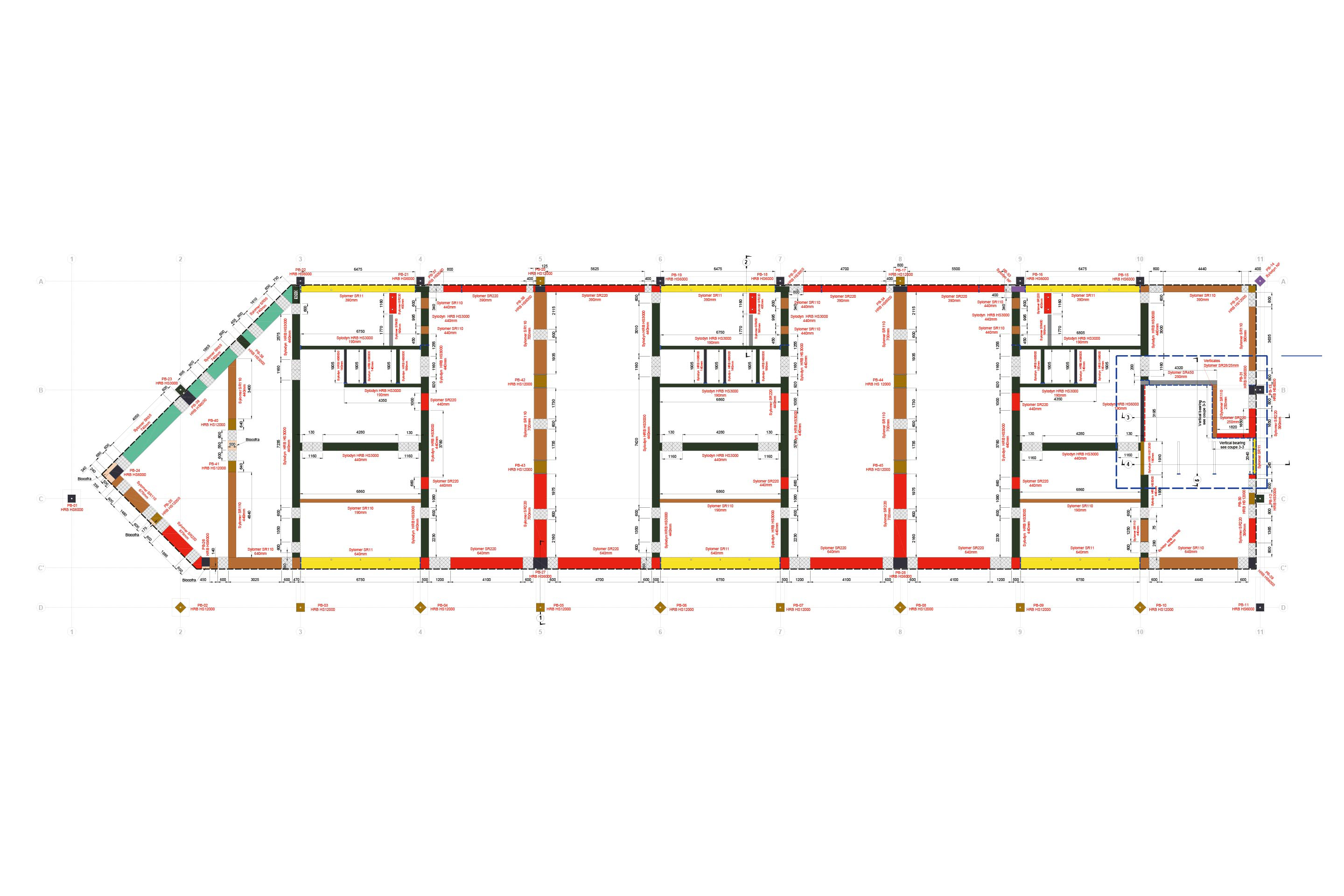 Plan de calepinage avec la répartition des élastomères sous la dalle du rez. Chaque couleur caractérise un matériau de rigidité différente, adaptée en fonction de la charge reprise.