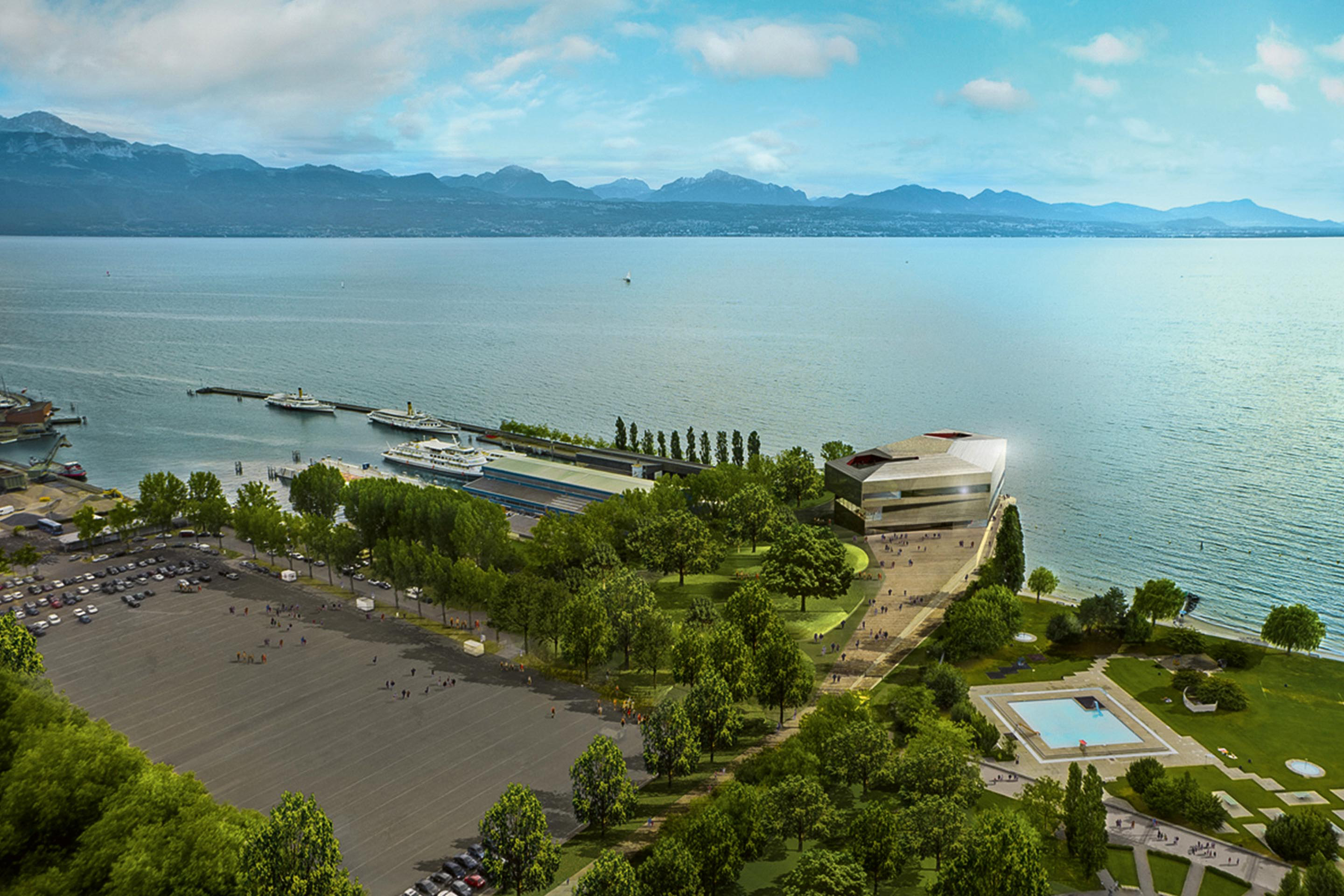 Le nMBA à Bellerive tel que présenté aux votants (Berrel Wülser Kräutler). La plasticienne Carmen Perrin a été mandatée pour relooker ses façades, avec des bandes de béton Ductal. Elle compare l’édifice à «une huître posée entre l’eau et la terre.» Le 30 novembre 2008, l’octroi d’un crédit d’études pour finaliser le projet de construction est refusé par 52.4 % des votant·es.