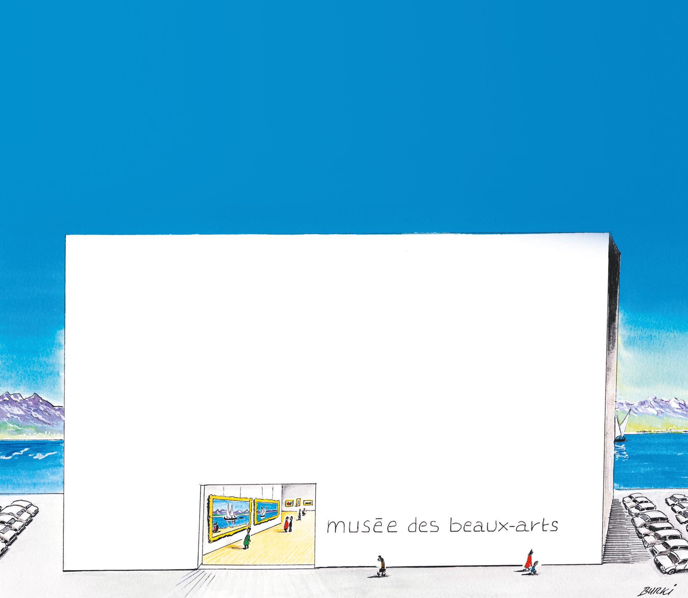 Le nMBA à Bellerive: dessin de Burki paru dans le 24 Heures, le 05.12.07, un an avant la votation. Dans les courriers de lecteurs, le projet est régulièrement décrit comme un «bunker» qui obstruerait la vue sur le lac.