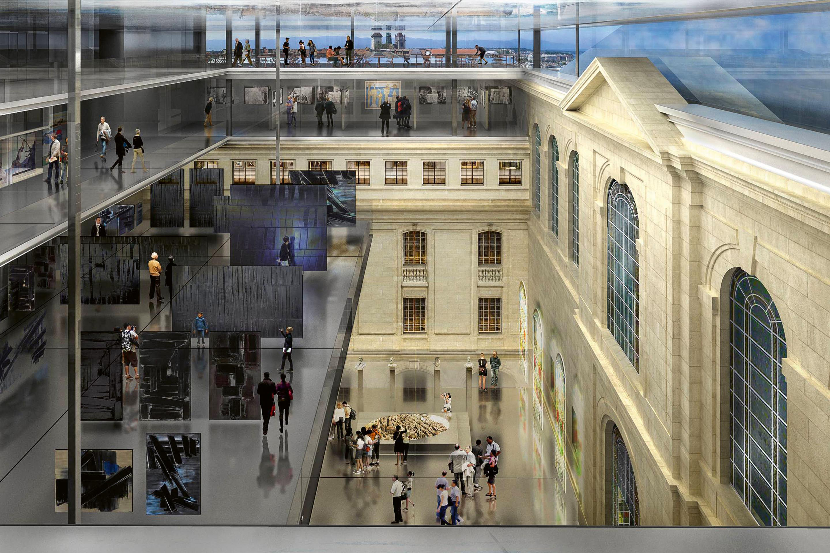 Projet pour l’extension du MAH de Jean Nouvel &amp; F. Jucker- B. Diserens, 2000: «La cour intérieure n’est pas conçue pour être vécue, l’architecture de ses façades intérieures en témoigne, la composition n’est pas aussi maîtrisée que celle des façades principales. Le musée des Beaux-Arts n’est plus adapté à ce qu’on peut attendre d’un musée aujourd’hui. […]».