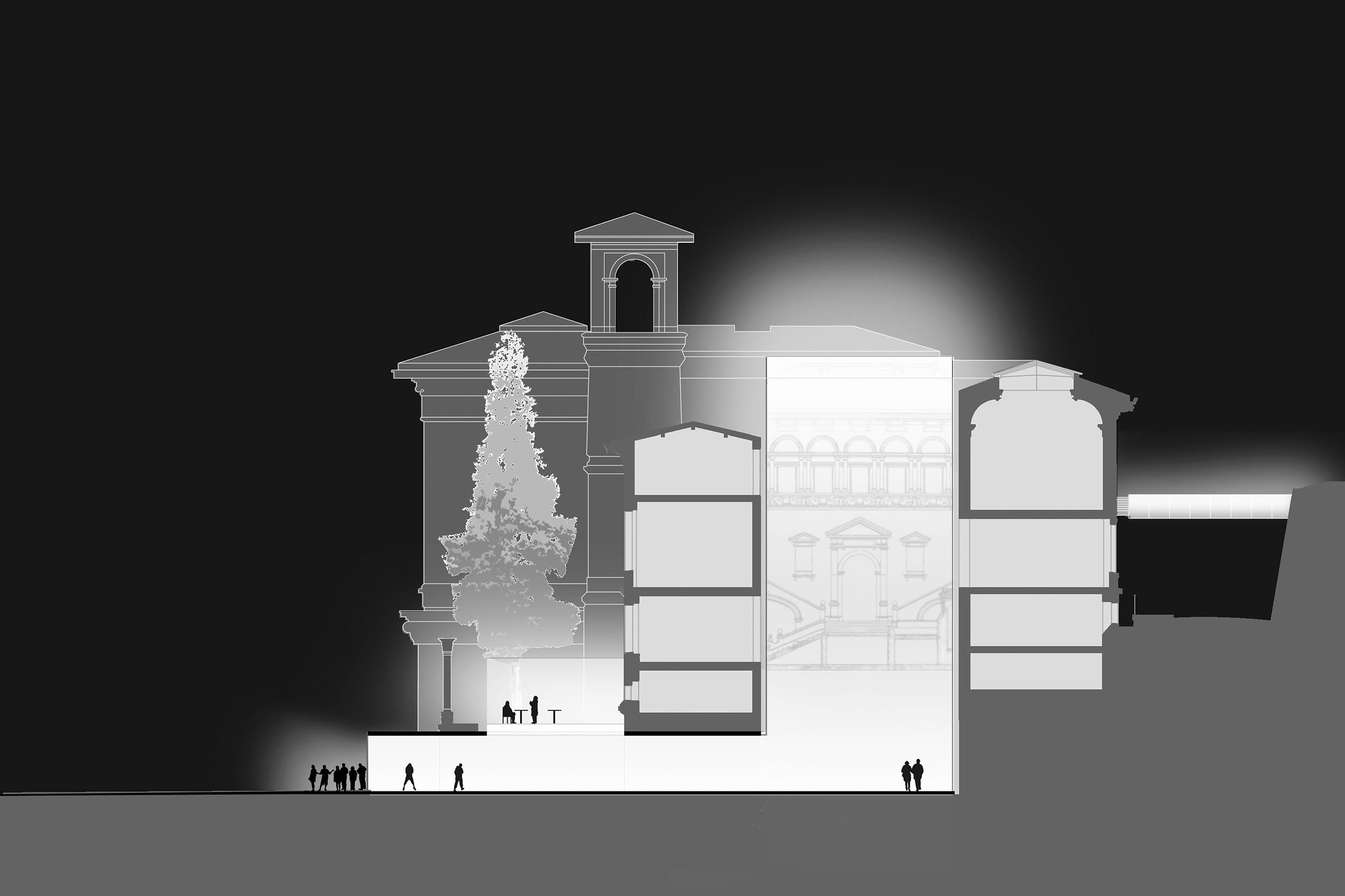 En été 2009, 11 sites sont examinés par une commission. Parmi ceux-ci, le Conseil d’État mandate une étude de remaniement du palais de Rumine à l’architecte Rodolphe Luscher, qui livre une démonstration de principe, ouvrant le socle sur la place de la Riponne. «Circulations verticales, flux publics, de montages, la machine travaille, et se révèle gigantesque hall d’exposition».