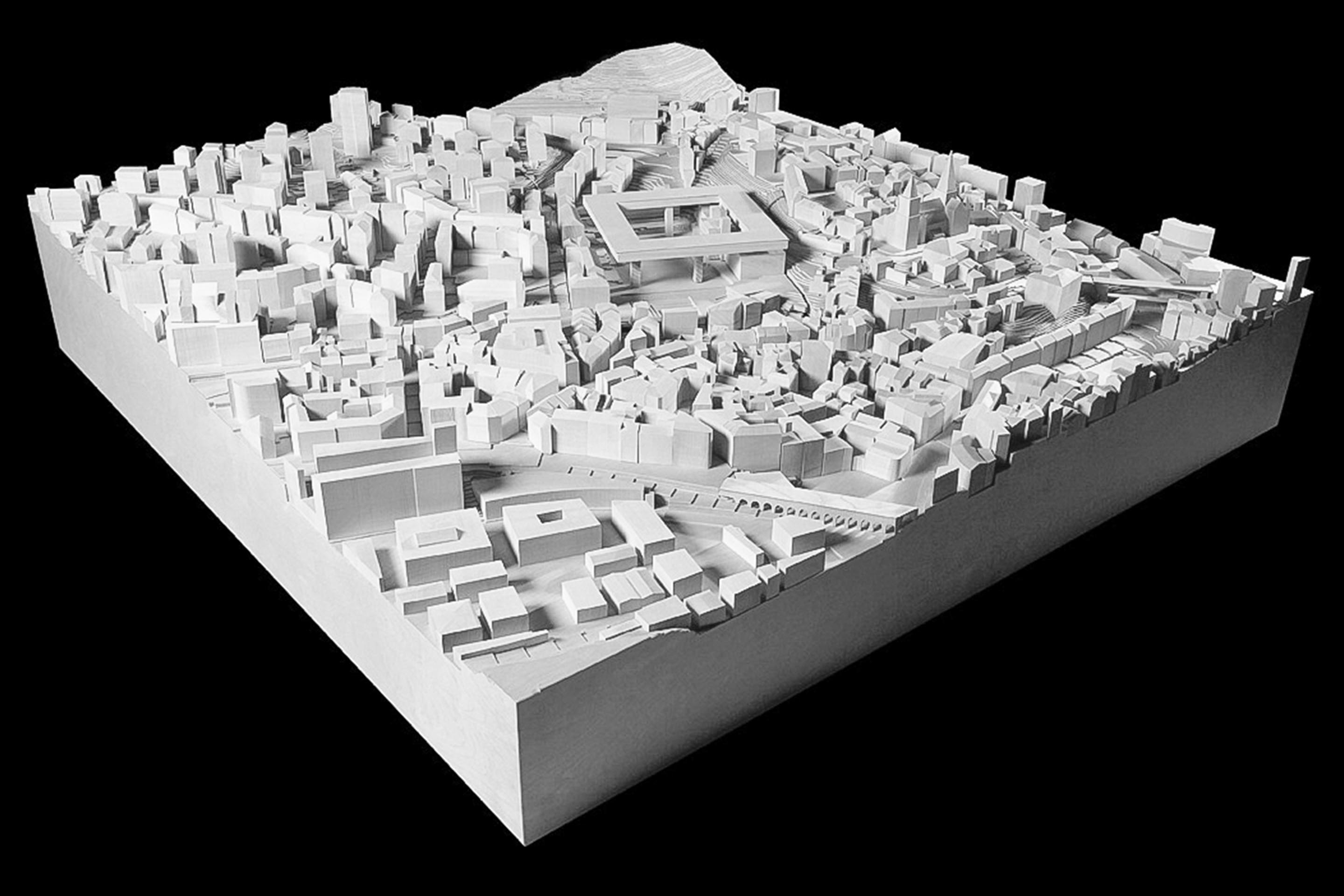 Le site de la Riponne est régulièrement choisi comme sujet de diplôme des écoles d’architecture. En 2009, l’architecte lausannois Marc Collomb fait travailler ses étudiants de Mendrisio sur le site. Ici une «cour muséale» aérienne.