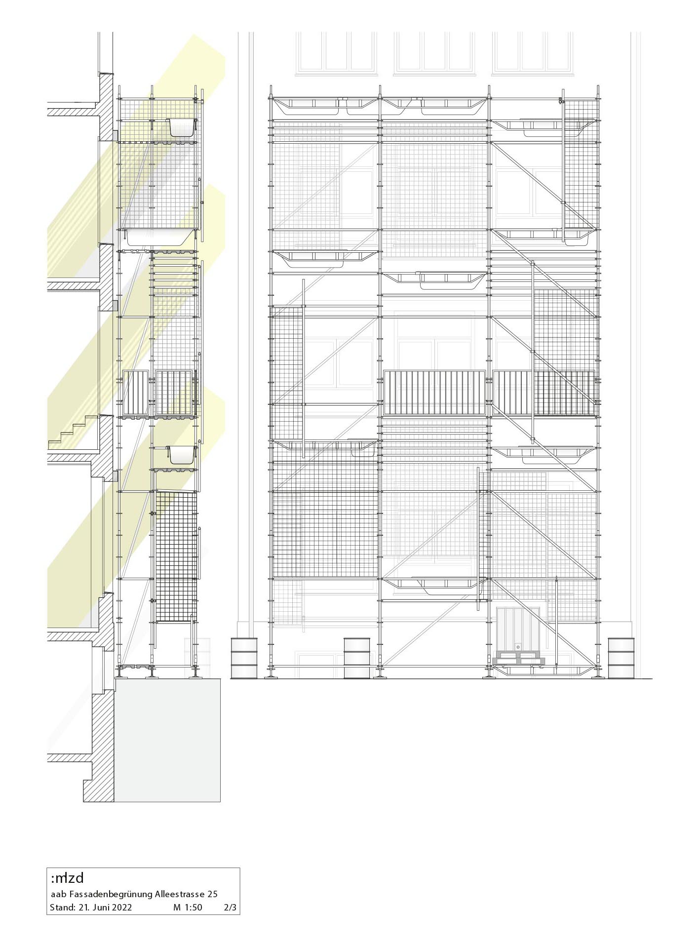 Coupe et vue de la façade végétalisée.