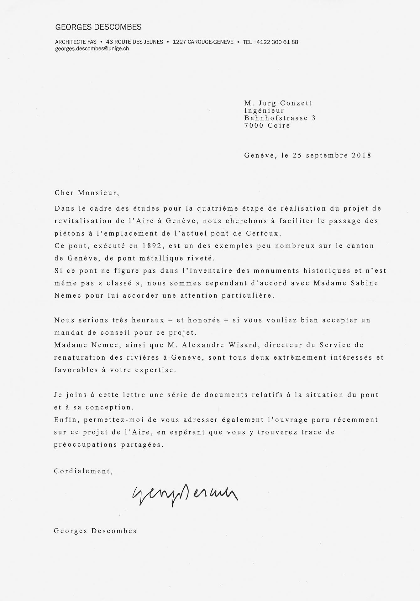 Ginevra, 25 settembre 2018. Lettera di Georges Descombes a Jürg Conzett.