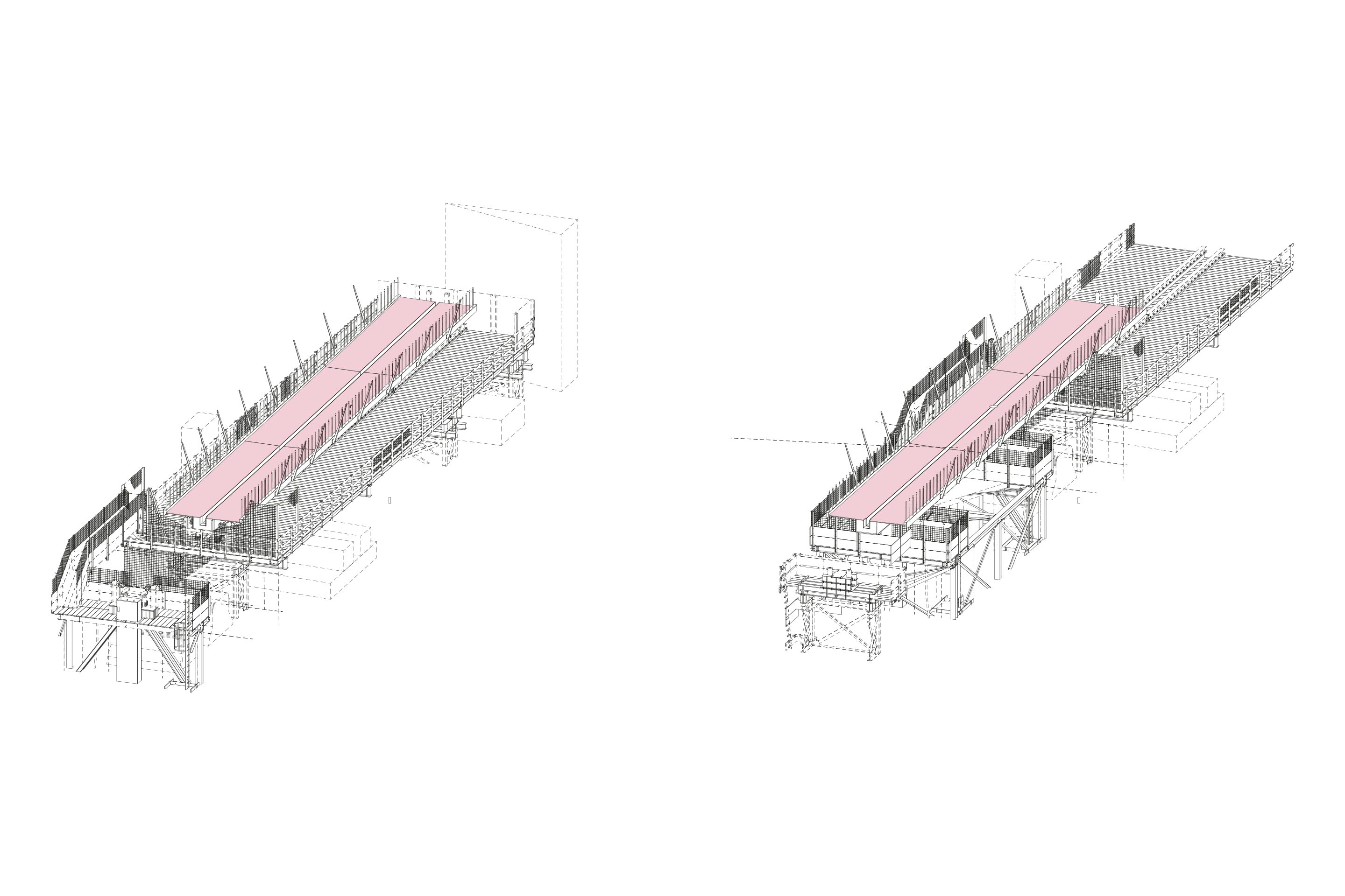 Assonometria della quinta fase di montaggio. Oltre a uno studio approfondito della logistica necessaria per la movimentazione dei conci e delle operazioni di varo, sono state realizzate sofisticate opere provvisionali necessarie per garantire l’accesso in quota e per stabilizzare la struttura durante i lavori.