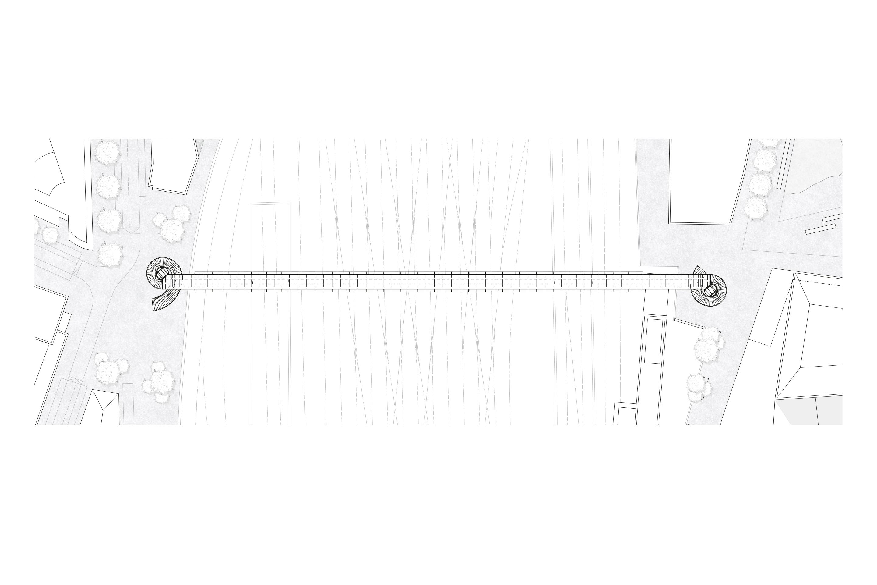 Planimetria dell’inserimento della passerella. La forma compatta delle scale risponde allo spazio limitato intorno ad esse.