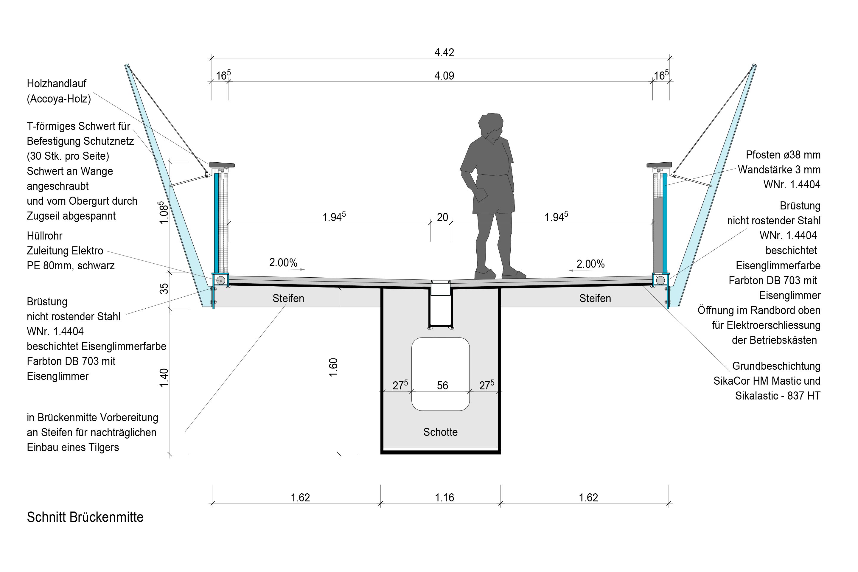 Sezione costruttiva in campata con l’altezza massima del cassone e i dettagli del parapetto e delle reti di sicurezza.
