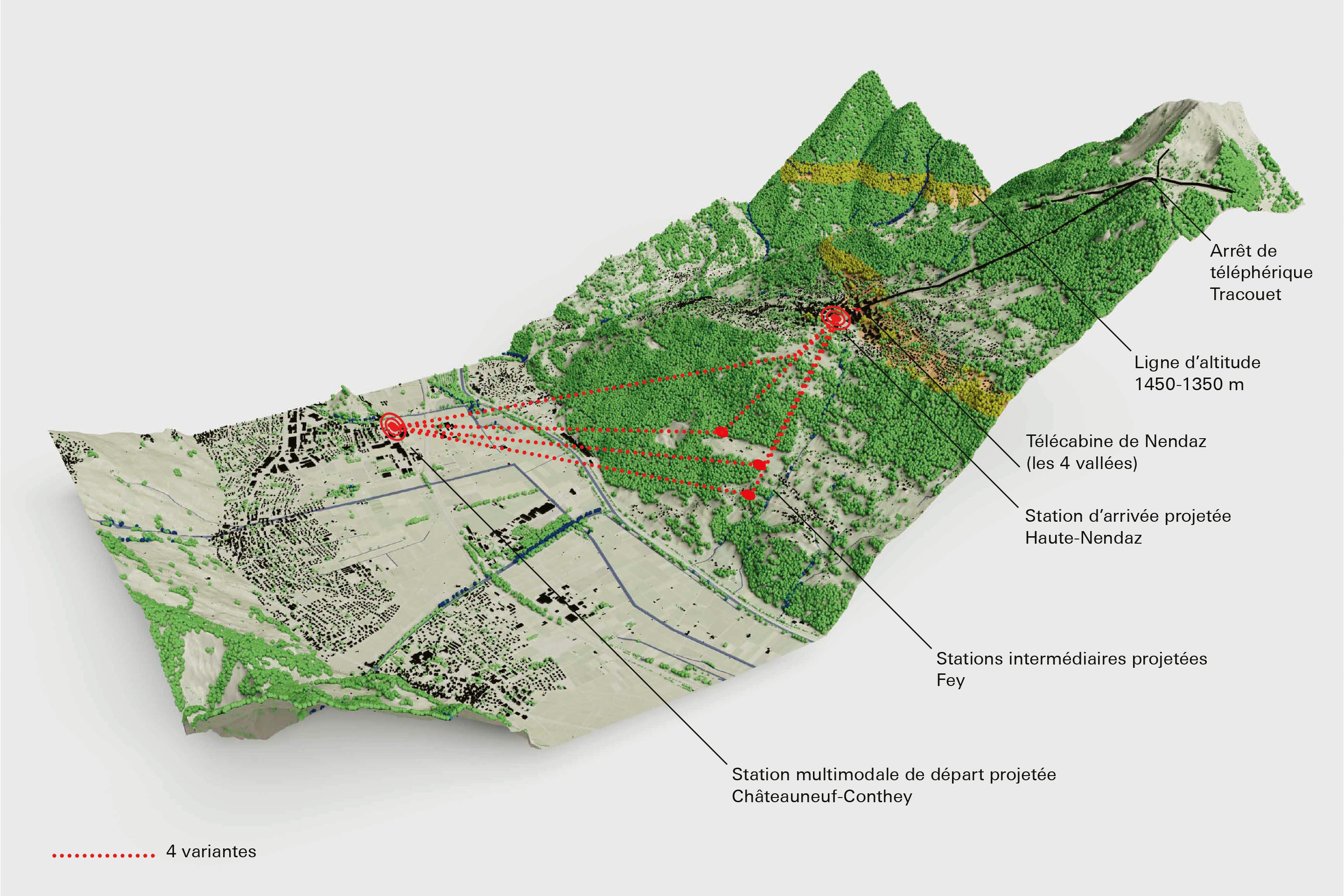 Variantes envisagées par l’Office fédéral des transports pour le tracé de la future ligne de transport à câble entre Conthey et Nendaz. Trois des variantes proposent un arrêt à Fey. Maquette réalisée par Olivier Donzé, HEPIA. L’échelle des hauteurs a été exagérée 1,5 fois.