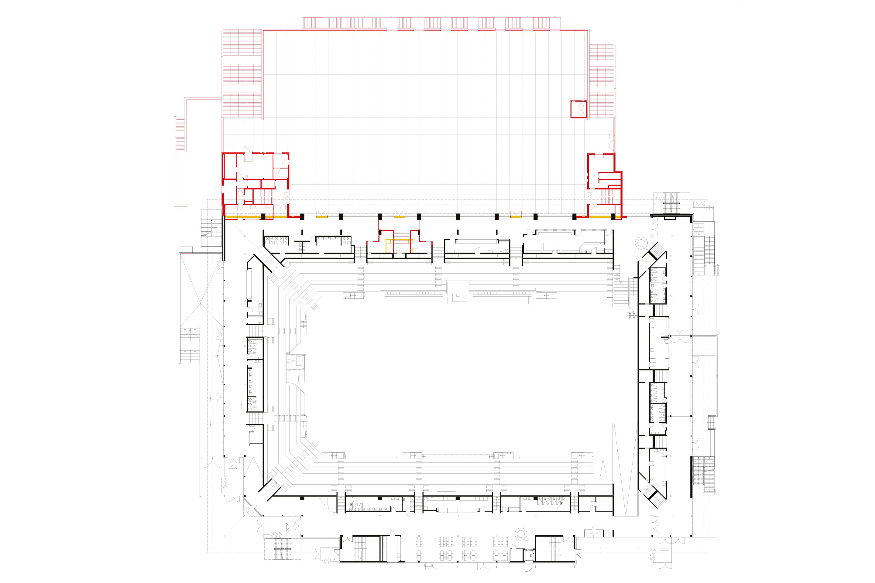Grundriss Ebene Dachterrasse: Die Dachterrasse der neuen Halle ist  über zwei Freitreppen (und sieben  Fluchttreppen) mit dem Schluefweg verbunden. Durch neue Öffnungen  in der Fassade ist sie auch vom Pub­likumsrundgang der bestehenden  Arena zugänglich, was dieser enorm zugutekommt.