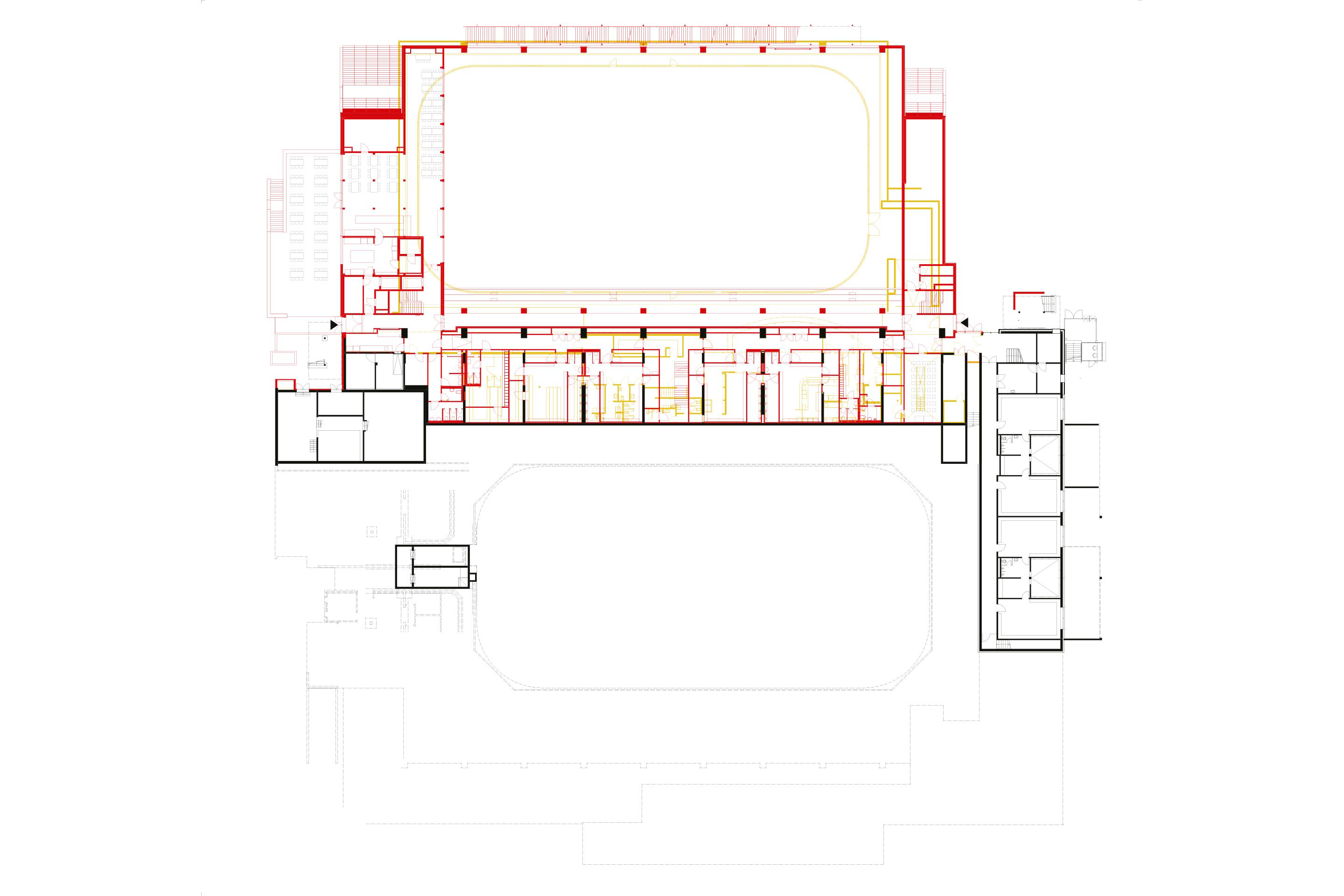 Grundriss Ebene Stehtribüne: Der Publikumseingang befindet sich ebenfalls auf der Nordseite, aber ein Geschoss höher, auf dem Niveau der Stehtribüne. Das Restaurant hat Blick auf die Eisfläche, seine Terrasse orientiert sich zur Badeanstalt hin. An der Schnittstelle zwischen Arena und neuer Halle sind u. a. grosszügige Teamgarderoben und Sanitäranlagen untergebracht.