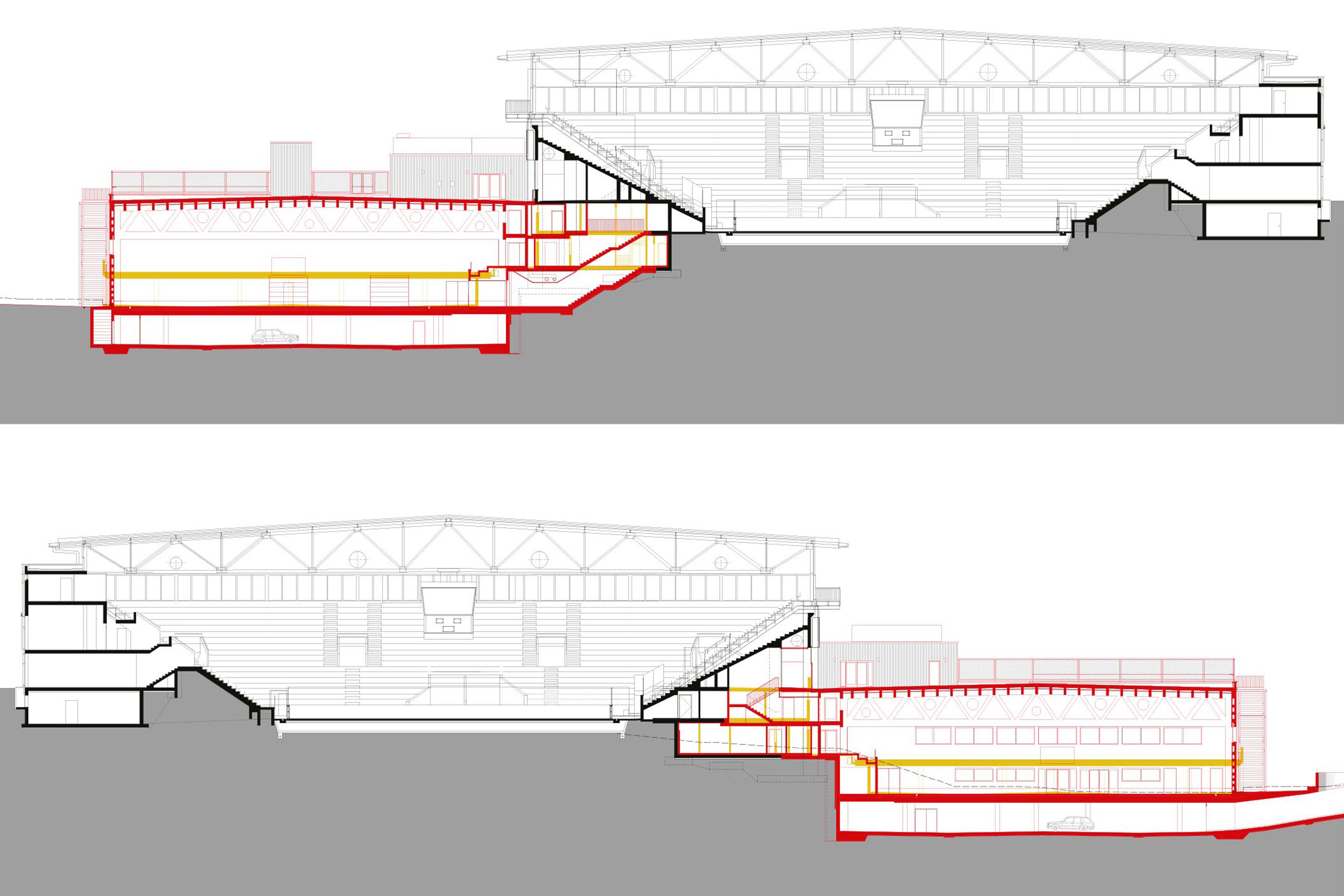 Querschnitte: Die neue Eis- und Eventhalle steht auf der Ebene der ehemaligen Garage, die in den Untergrund verlegt wurde. An der Schnittstelle zwischen bestehender Arena und neuer Halle sind gemeinsam genutzte Räume (Garderoben usw.) und eine zweigeschossige, verbindende Treppe untergebracht. Die Dachterrasse ist vom Rundgang der Arena zugänglich.