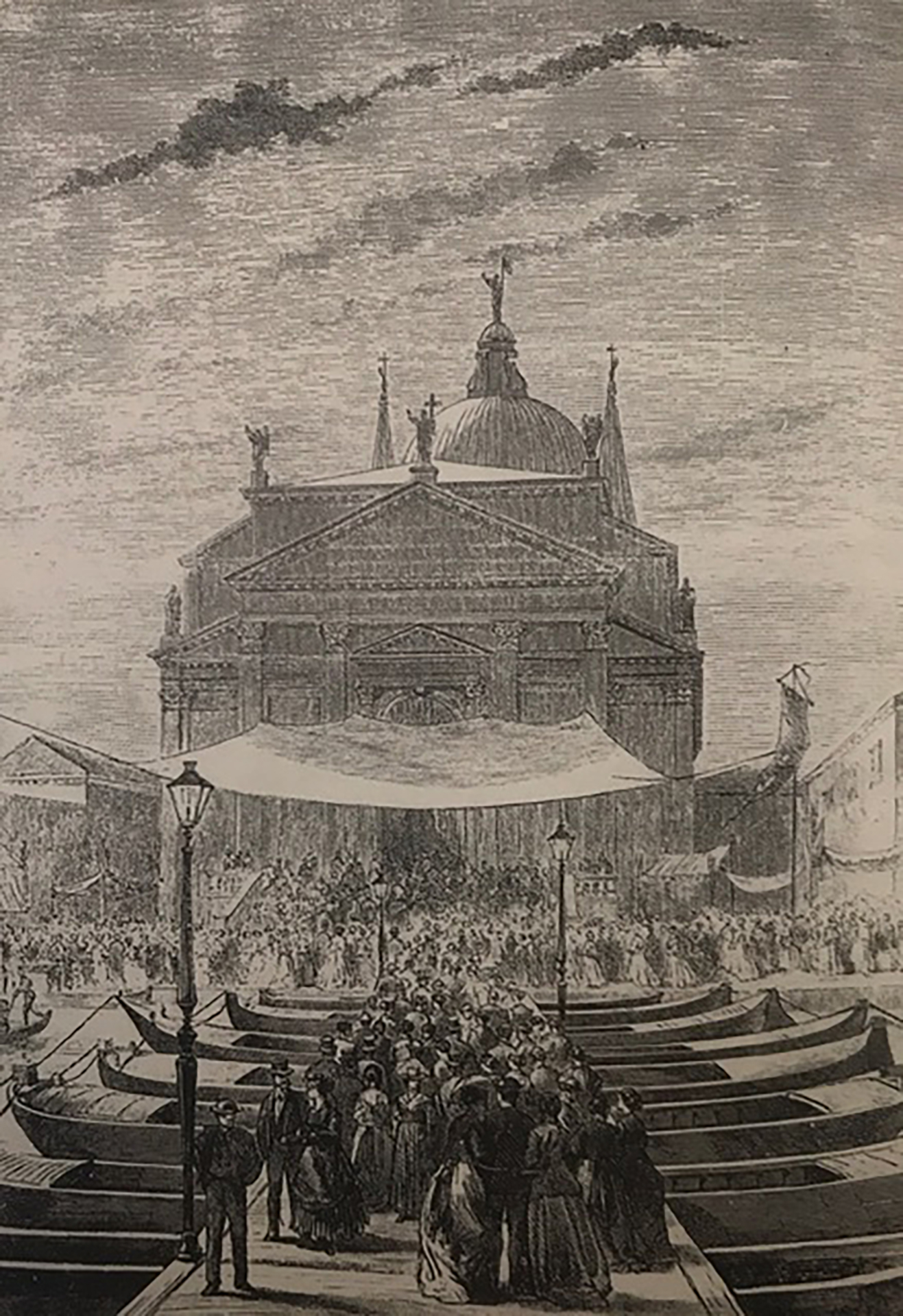 Disegno del Ponte votivo della festa del Redentore, stampa di giornale. Fine del XIX secolo.