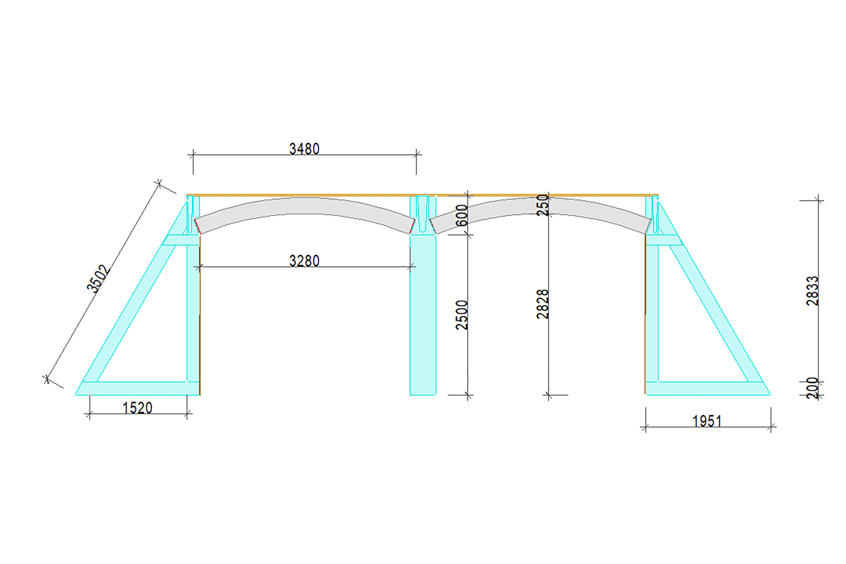 Die Lehmbögen wurde so konstruiert, dass sich für alle Lastfälle eine Stützlinie innerhalb des Materials einstellen kann. Herausgekommen ist ein Bogen mit einer Spannweite von 3.50 m und einer Stichhöhe von 54 cm.