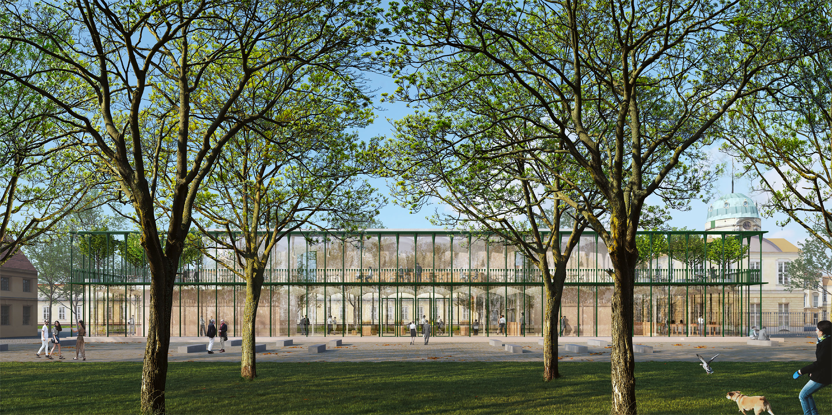 Das Besucherzentrum im Schloss Charlottenburg bei Berlin. Das zweigeschossige Gebäude befindet sich aktuell in der Planung und die tragenden Bögen aus Lehm sollen hier eingesetzt werden.