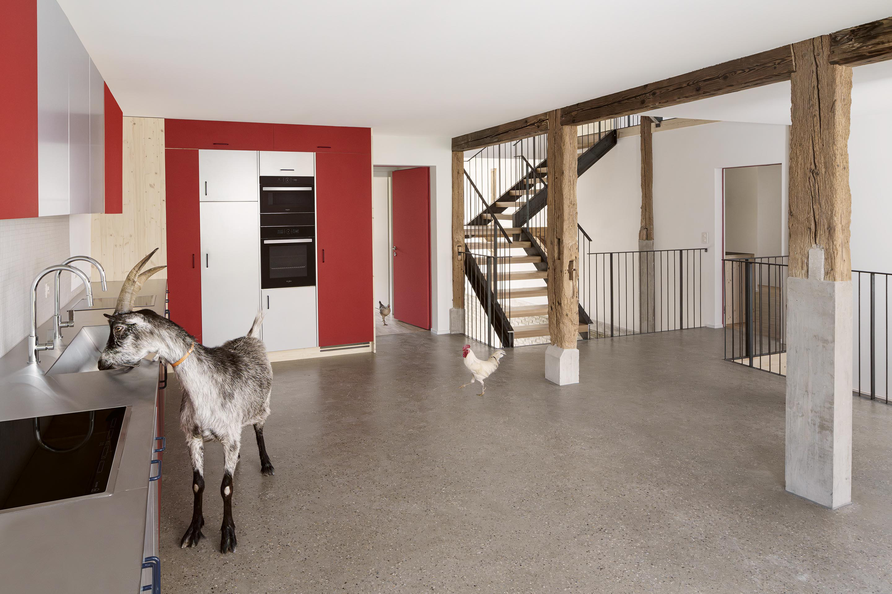 La cuisine est une pièce de transition: entre extérieur et intérieur, puisqu’elle fait office d’entrée pour le bâtiment, puis structurelle et spatiale. C’est là que se rencontrent le socle maçonné et la charpente de la grange, par un détail élégant de pied de poteau alliant béton et bois. C’est également là que l’espace central effectue une rotation à 90 degrés pour mener vers le palier suivant, un salon équipé d’un poêle et d’un balcon sur le soleil couchant.