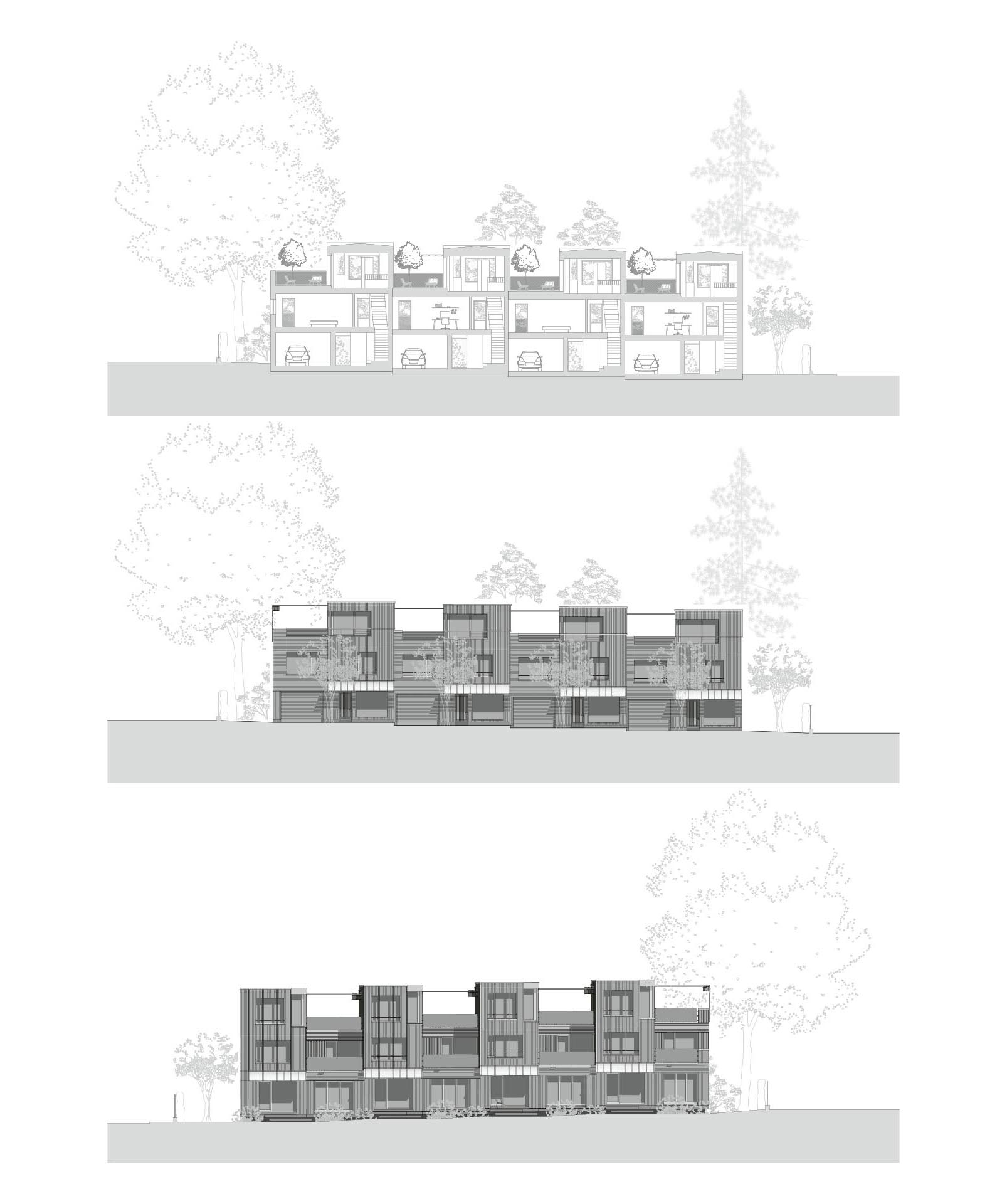 Die grau-grüne Parkfassade aus sägerohem Holz fügt sich stimmig in die Baumlandschaft ein. Helle Lisenen betonen die Vertikalität der Wohntürme und gliedern die Fenster.