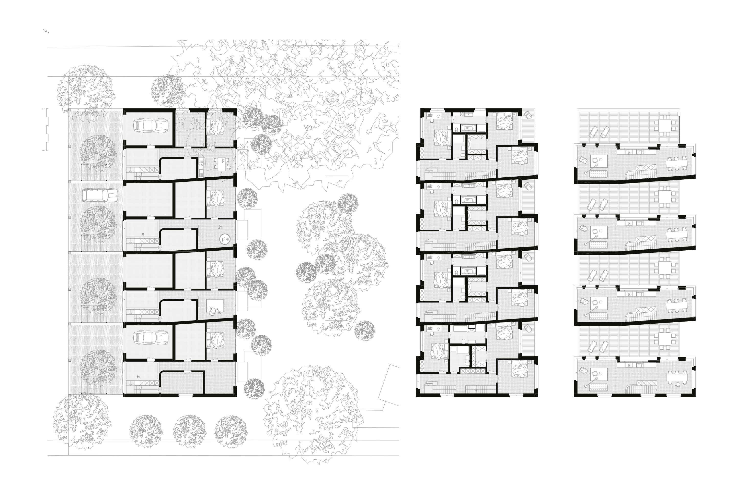 Links: Grundriss Erdgeschoss. Städtische Adresse mit gepflastertem Vorplatz im Süden, Park im Norden. Rechts: Die durchgesteckten Wohnungen verfügen über einen  leichten Knick, der die Dachterrassen optisch zum Park hin öffnet.