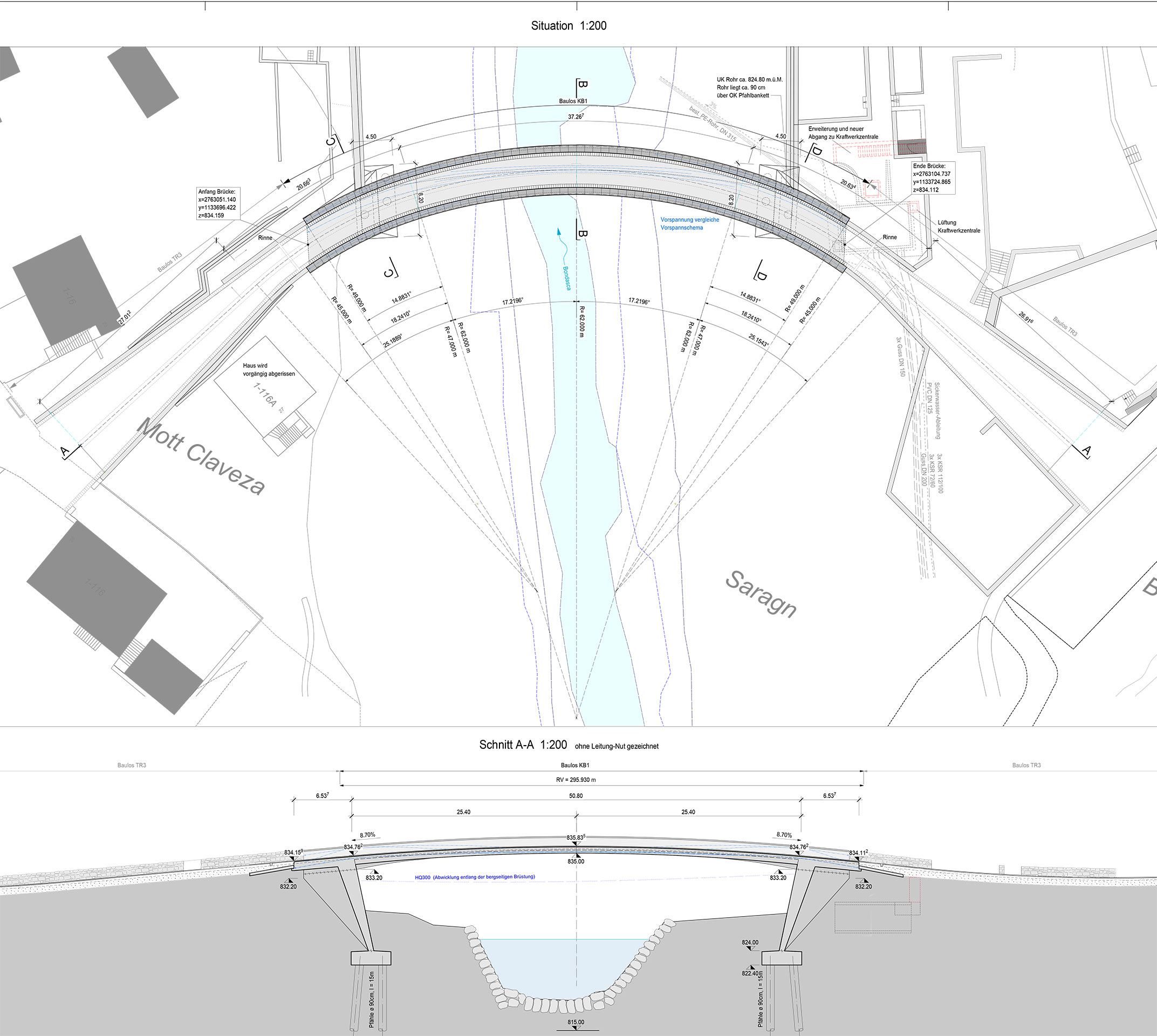 Der geniale Streich: Die Brücke «Punt» zwischen Bondo und Promontogno ist als «liegende Bogenbrücke» konstruiert. Die ausladende Linienführung verbessert den Durchflussquerschnitt an der Stelle, wo der Bach steil abfällt.