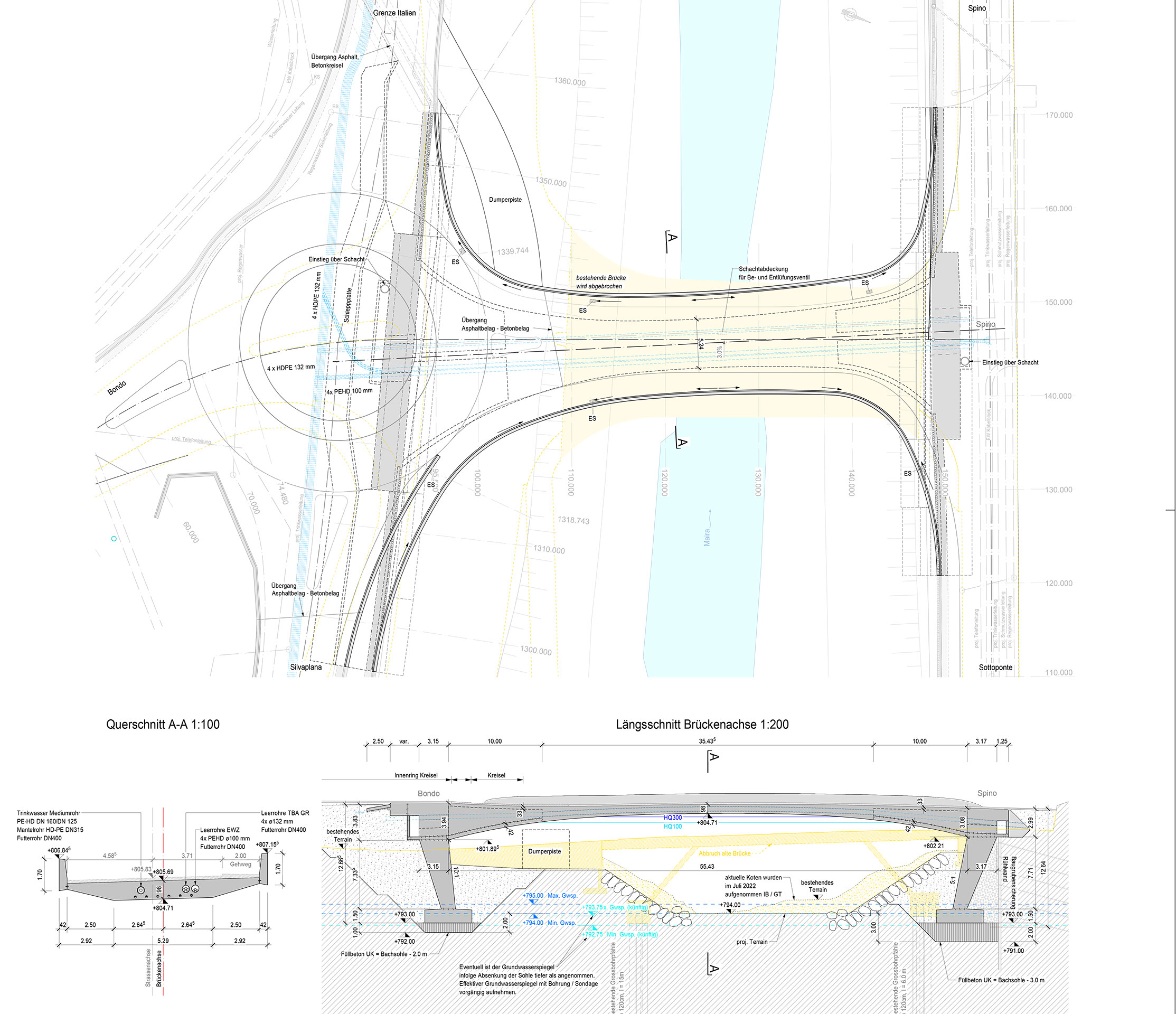 Die neue Spizarun-Brücke führt über den Fluss Maira und verbindet die beiden Ortsteile Spino und Sottoporto mit Bondo. Sie wird als letzte der drei Brücken im Frühjahr 2024 fertig gestellt.