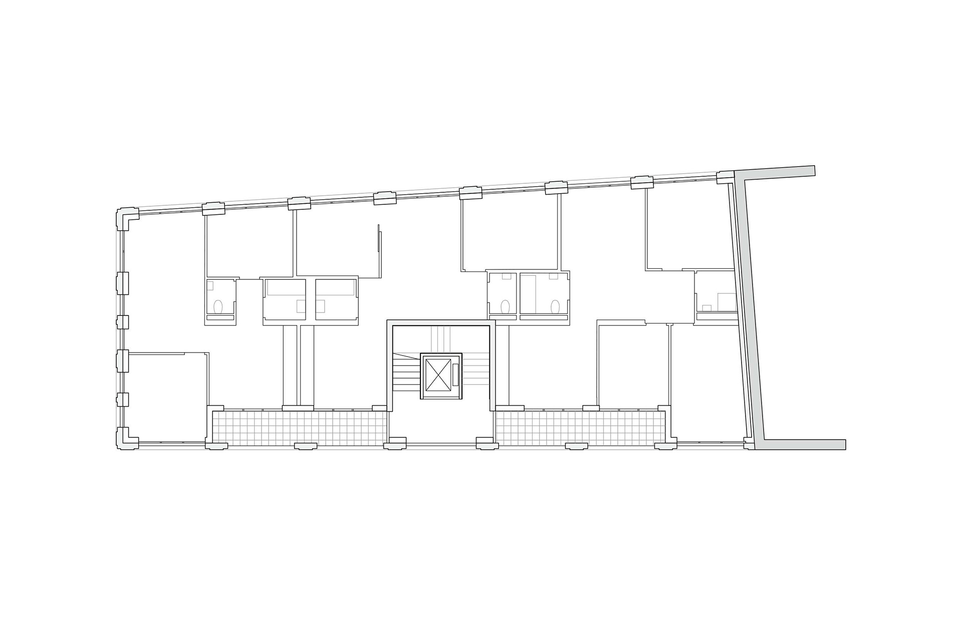 Pianta piano tipo. La disposizione a baionetta protegge la privacy dei residenti.