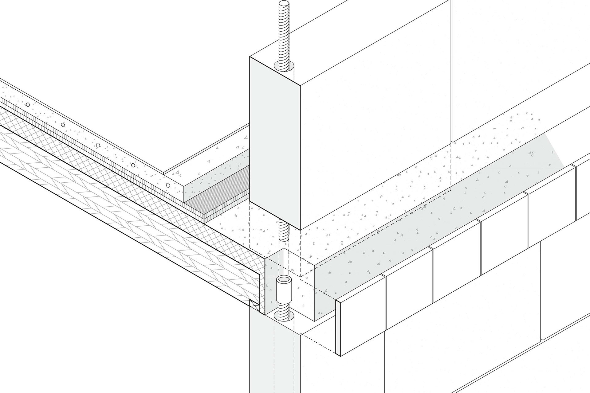 Particolare dell’ancoraggio della pietra: il nucleo centrale destinato alla circolazione è realizzato in blocchi di pietra di Brétigny (spessore 25 cm), più resistenti alla compressione e messi in post-tensione tramite dei cavi, nel rispetto delle norme antisismiche.