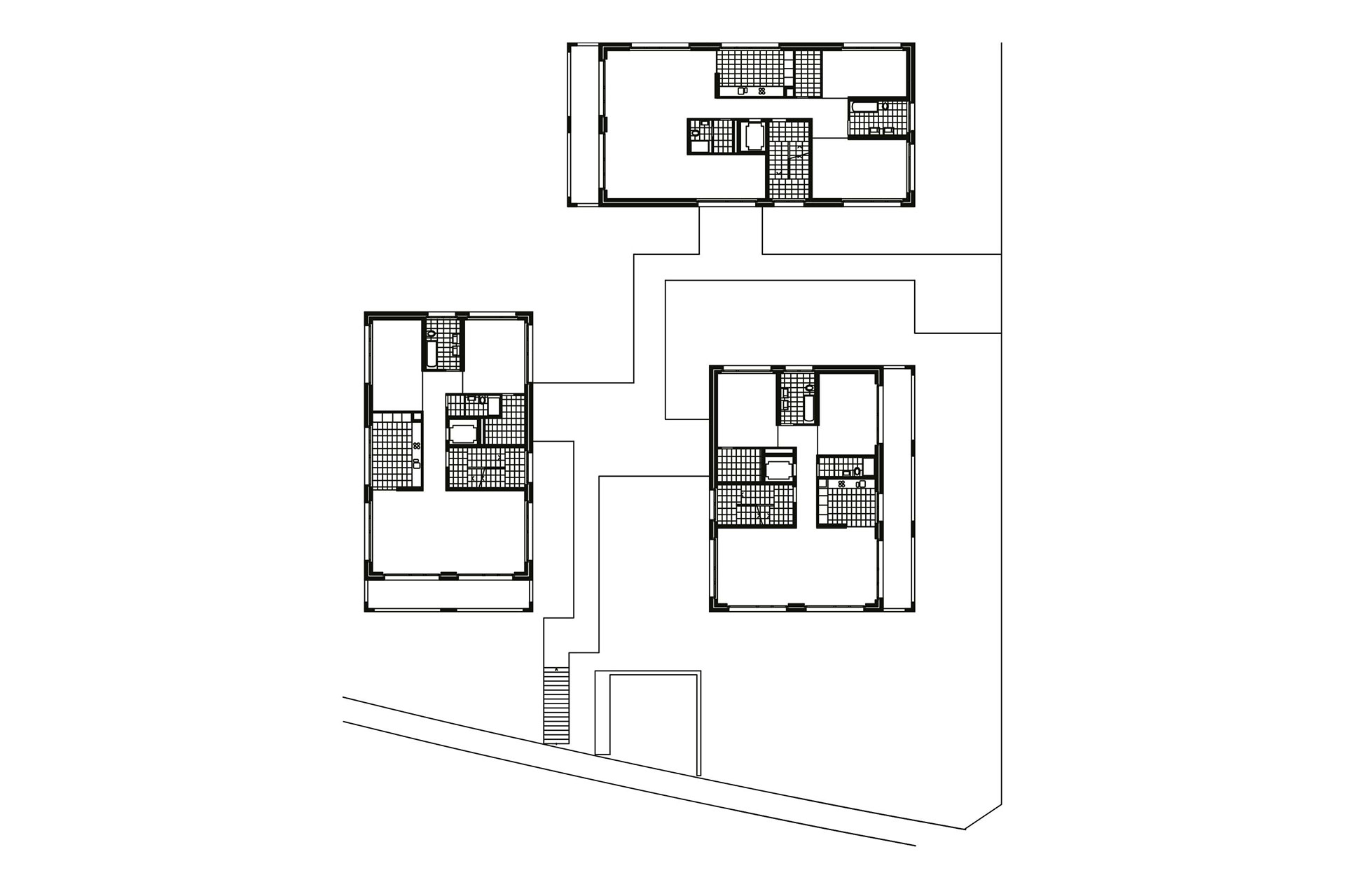 Gigon / Guyer, Tre case in Susenbergstrasse, Zurigo (1998-2000). Pianta piano primo e secondo.