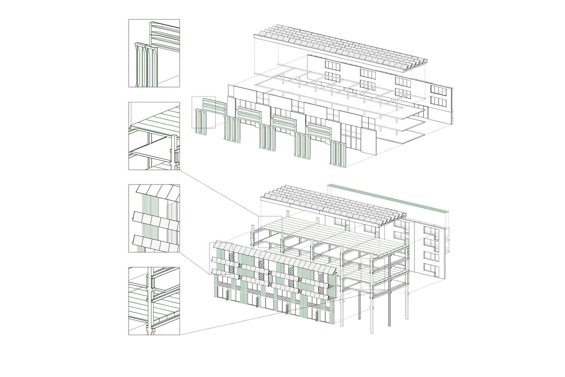 Esplosi assonometrici del progetto «Elementa» del gruppo PARABASE, Monotti Ingegneri Consulenti, USUS Landschaftsarchitektur, Anima Engineering e Senn Technology, vincitore del concorso per la realizzazione di nuovi edifici residenziali nell’area Walkweg di Basilea.
