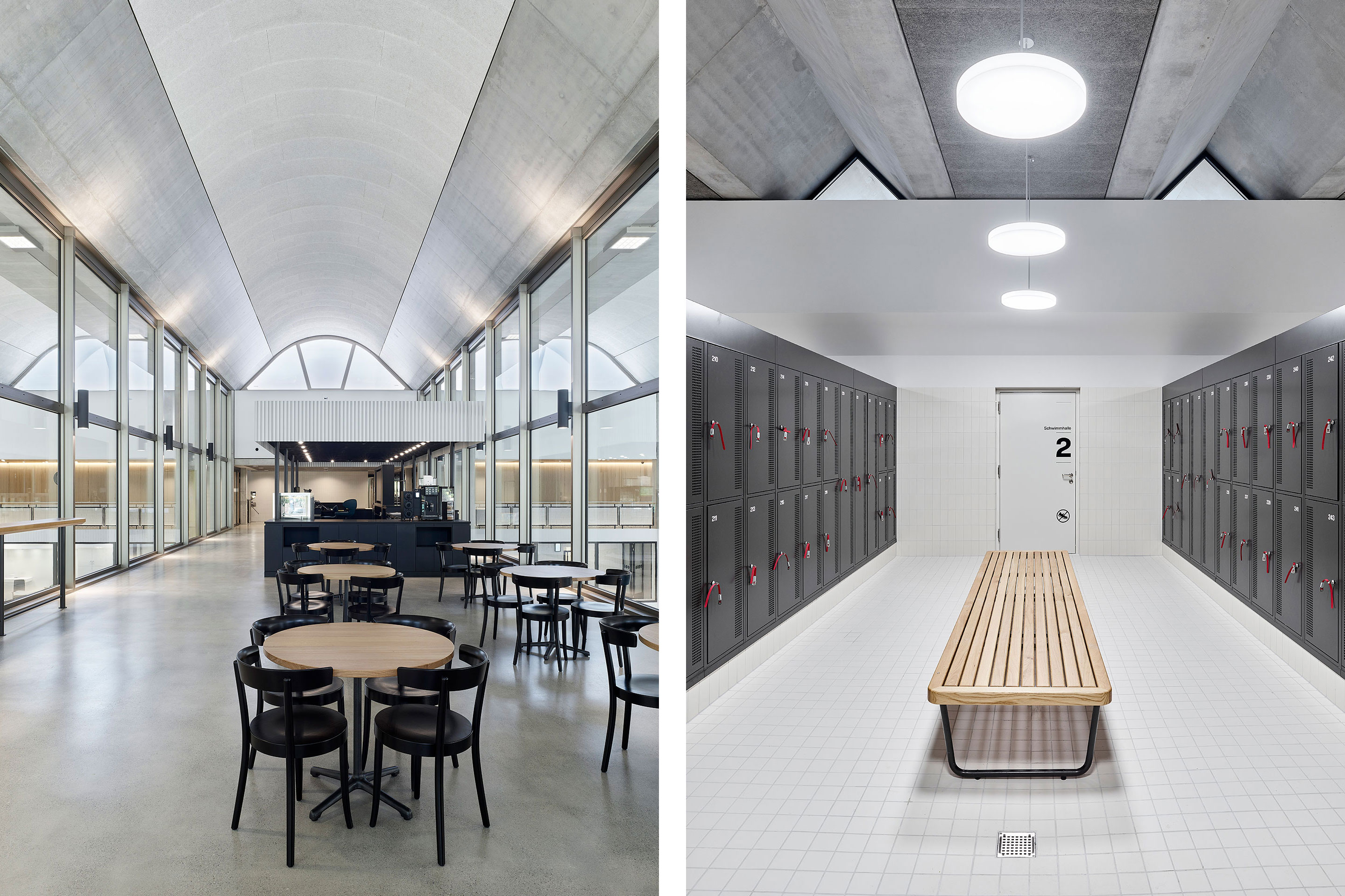 Links: Eine breite hausinterne Brücke mit dem Kassenbereich führt über die Schwimmbecken zu den Garderoben. Rechts: Blick in die Garderoben.