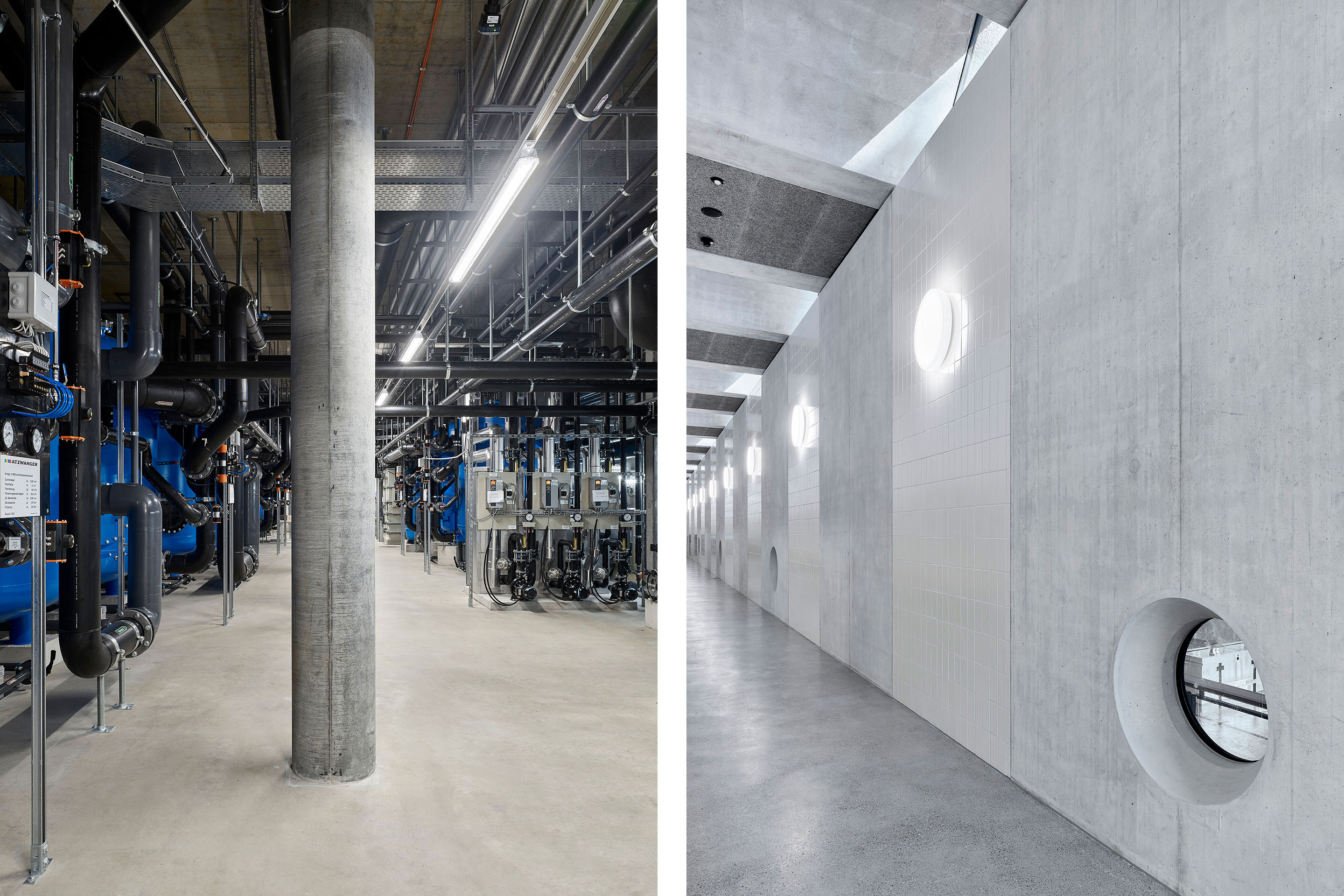 Links: Die weitläufigen Technikräume mit Anlagen zur Wasseraufbereitung (Pumpen, Filter, Chlorierung) befinden sich im Untergeschoss. Rechts: Runde Fenster in der Betonwand vor den Garderoben erlauben den Blick in die Schwimmhalle – auf Knie- oder Kinderhöhe.