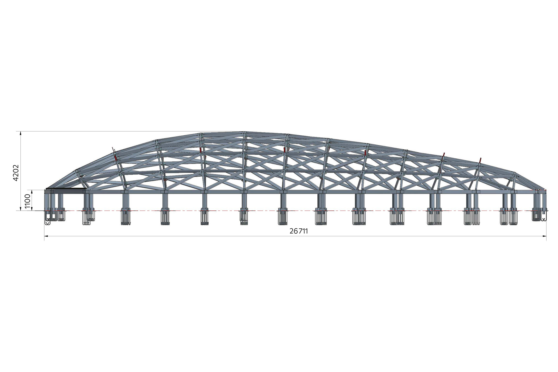 Ansicht des Daches mit dem Zugring, der auf dem Massivbau des Gebäudes aufgeständert ist.
