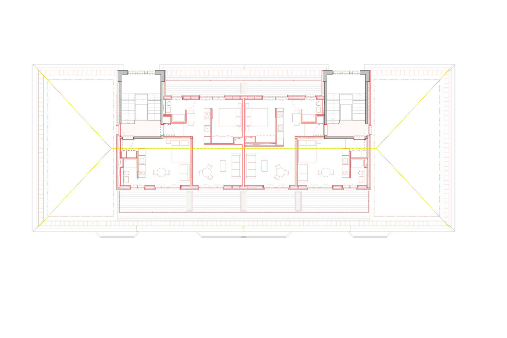Quatre nouveaux petits appartements sont ajoutés grâce à cette surélévation. Ils sont accessibles par l’intégration de la circulation existante.