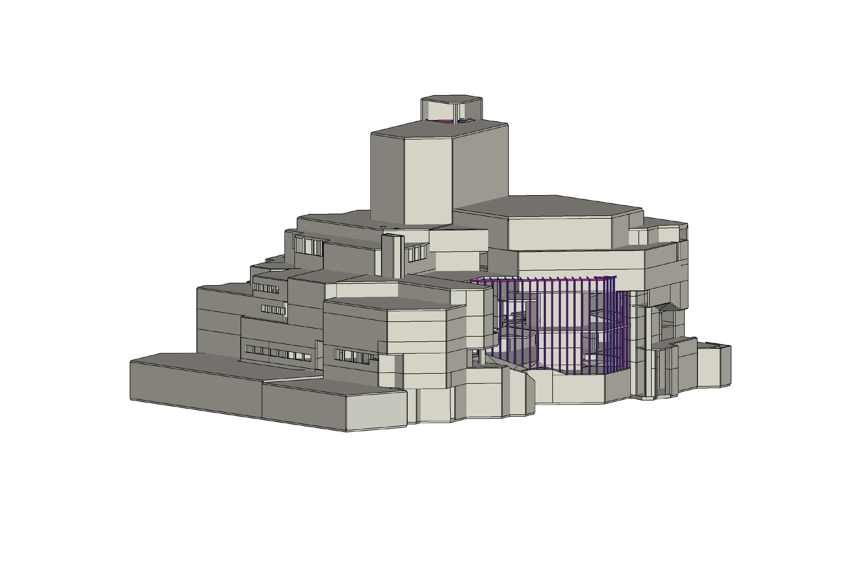 Heute: Die Modellierung des Theaters als Ganzes in einem Finite-Elemente-­Modell war nicht nur für die Analyse des Gesamttragwerks, sondern aufgrund der verschachtelten Struktur und des komplexen Trag-­ verhaltens auch für die Beurteilung lokaler Eingriffe und Ertüchtigungen sowie für den Erweiterungsbau notwendig. Blick von der Ostseite (Ansicht Park) auf das Volumen.