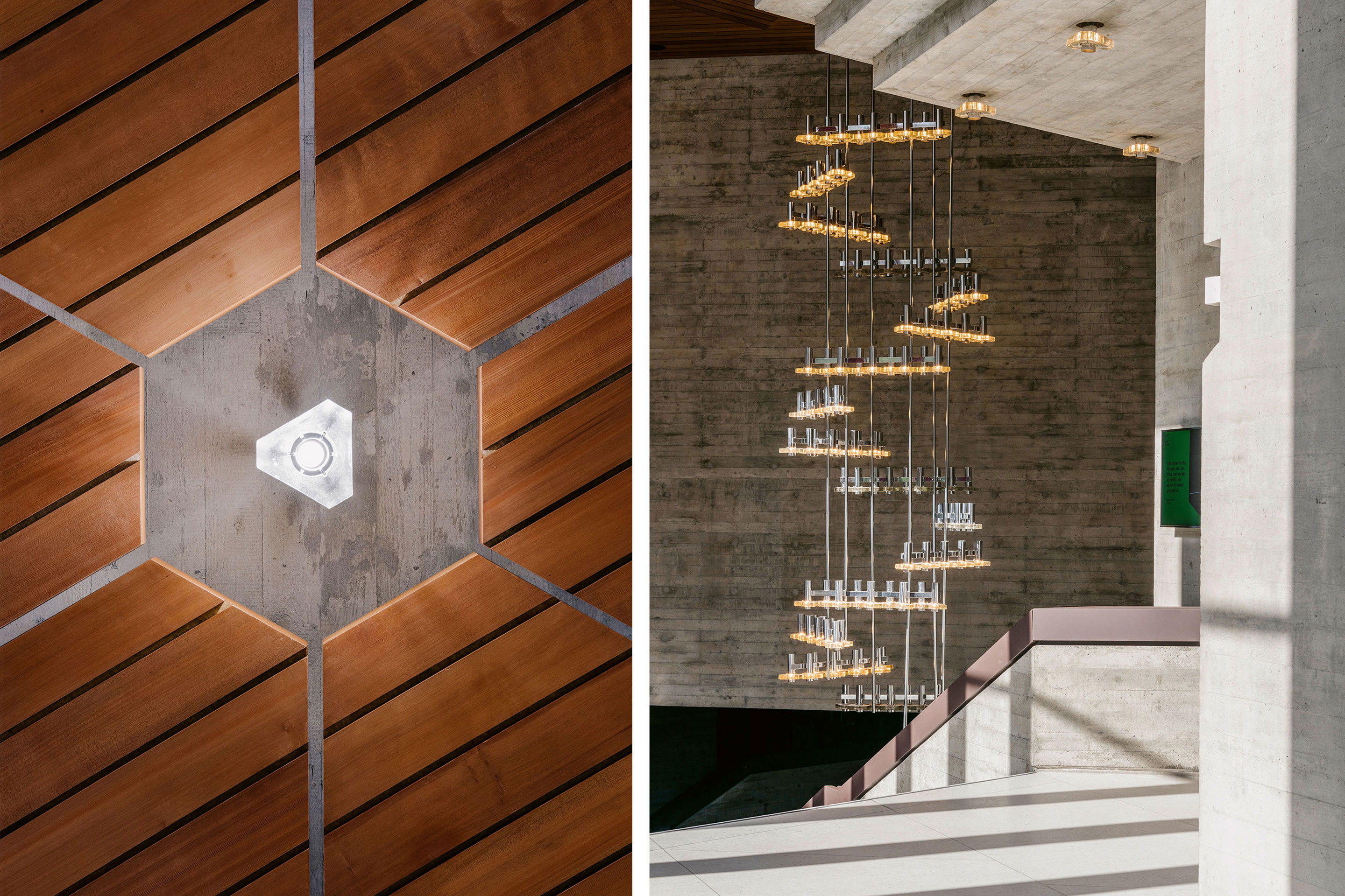 Das Hexagon diente Claude Paillard als Grundmotiv, beginnend beim Grundriss und «mit eiserner Konsequenz bis ins Detail ausgeführt», wie links im Bild bei den Deckenleuchten und -paneelen. Dieses asymmetrische Glas bildete das Basisstück aller Leuchten, von den Decken- und Wandleuchten über die Lüster im Theatersaal bis zum meterhohen Kronleuchter im Foyer (rechts).